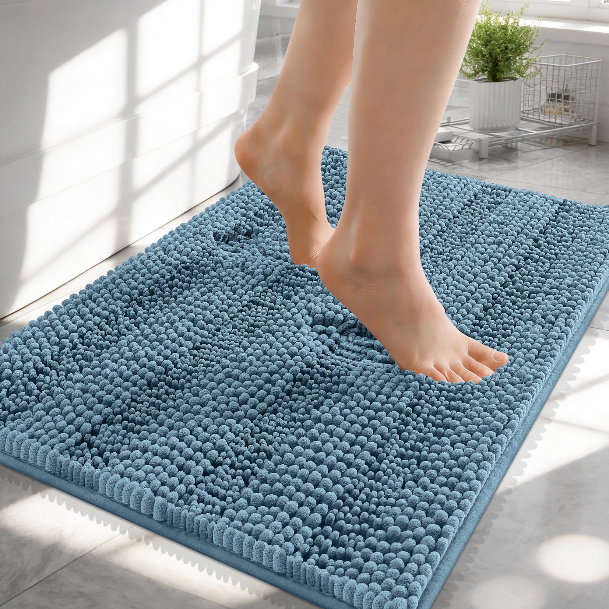 OLANLY Thick Small Bathroom Rugs 24x16, Soft Chenille Bath Rugs, Airy Blue