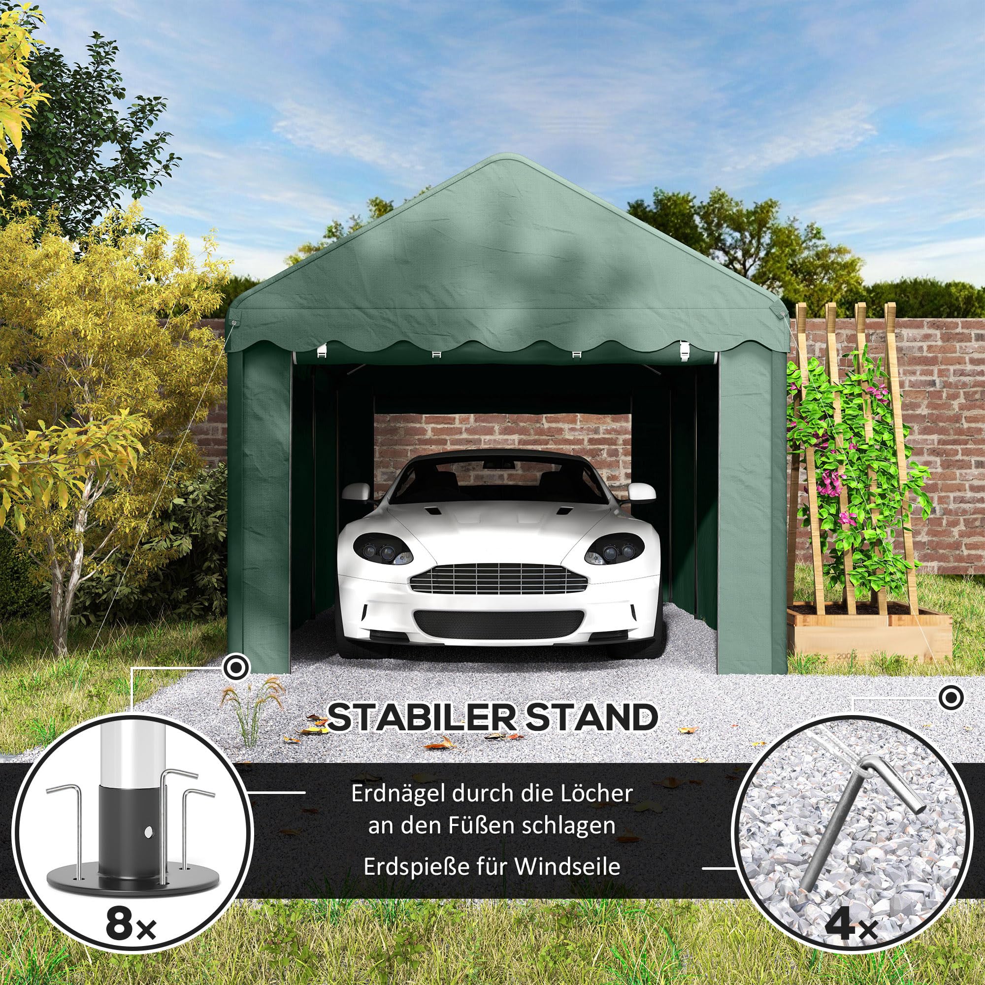 Outsunny Carport 3x6 m wasserdicht Garagenzelt mit Rolltüren, abnehmbaren Seitenwänden, UV-beständig Lagerzelt mit Dach, Zeltgarage Garagenüberdachung Unterstand Weidezelt für Auto, LKW, SUV, Grün
