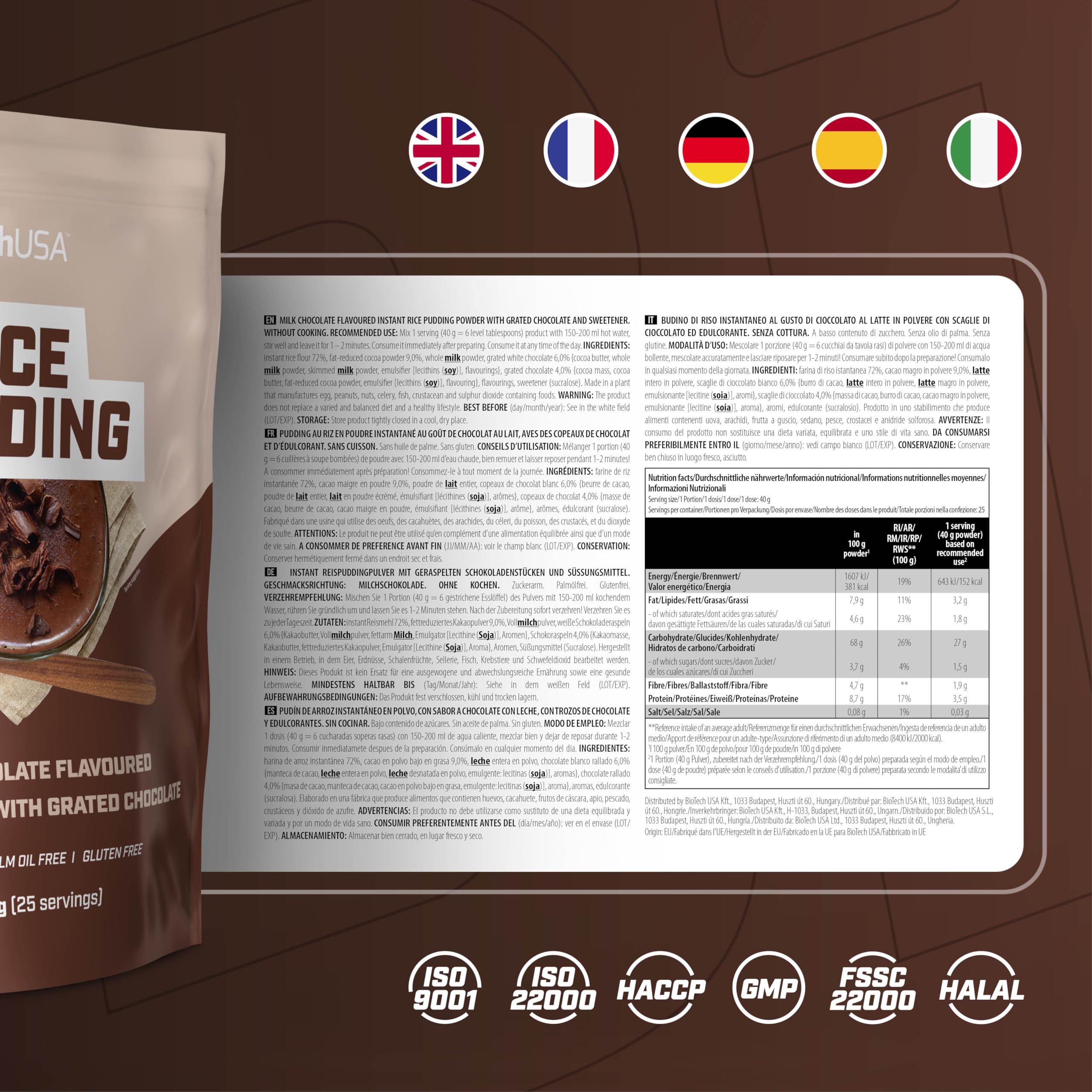 BioTechUSA Rice Pudding Arroz con leche instantáneo en polvo con pepitas de chocolate rallado, 1000 g, Chocolate con leche