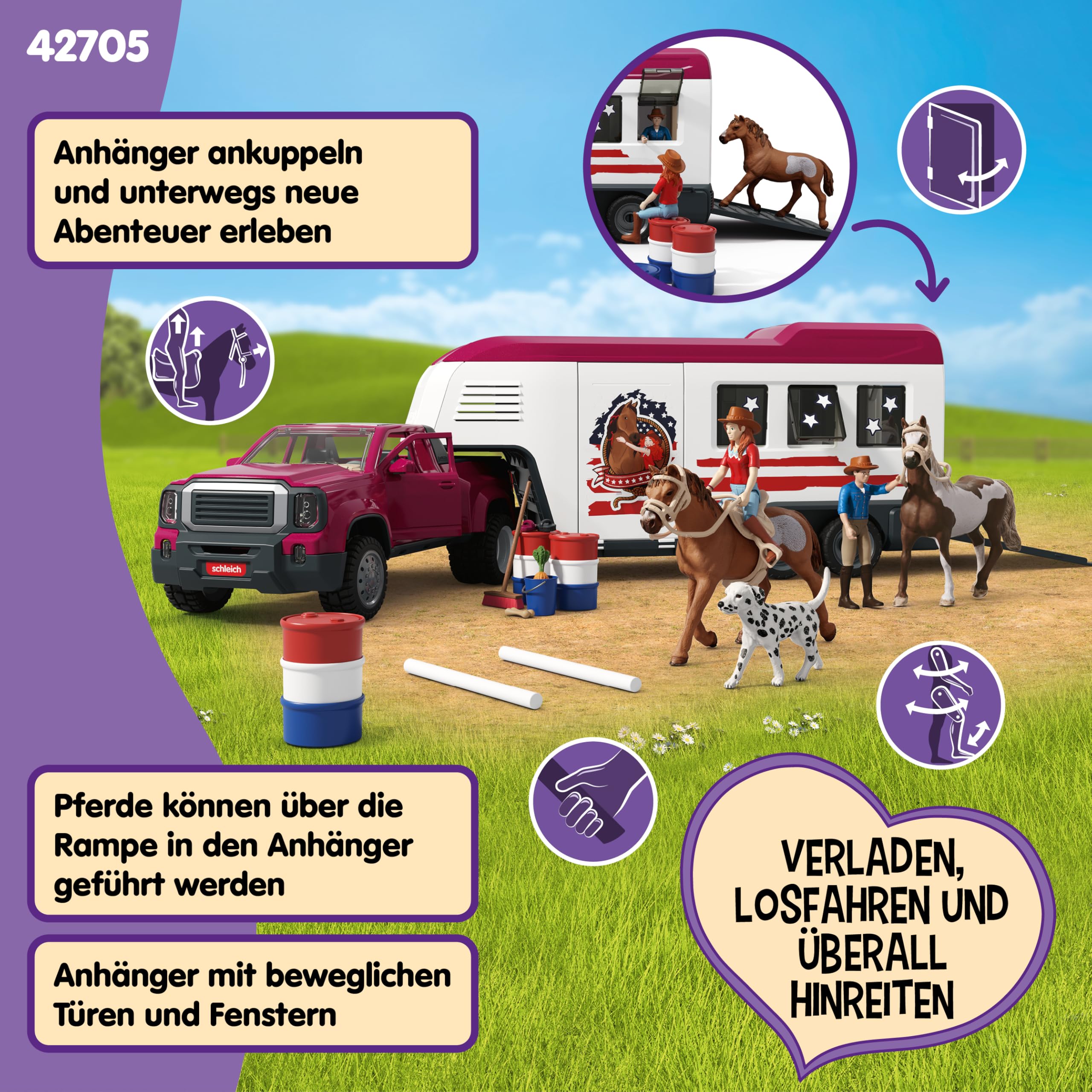 schleich Horse Club | Lakeside Truck mit Anhänger 42705 | 119-teiliges Set | Set inkl. Truck, Pferdeanhänger, Pferdebox, Hannah, 2 Pferde, Hund & Zubehör | Pferdespielzeug & Geschenk ab 5 Jahren
