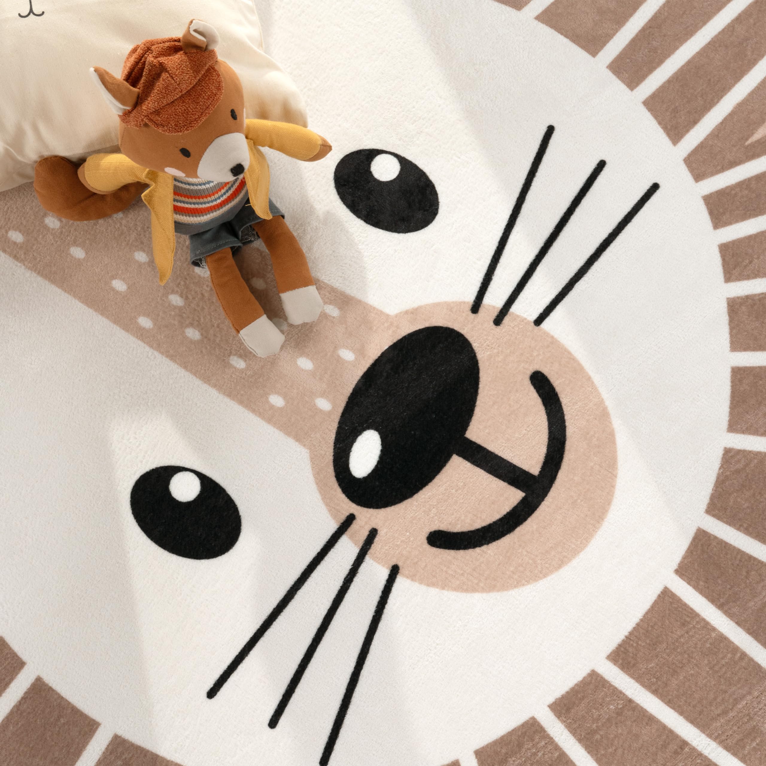 Paco Home Kinderteppich Teppich Kinderzimmer Rund Spielmatte Babymatte rutschfest Modern Mond Koala Löwenkopf, Grösse:150 cm Rund, Farbe:Beige