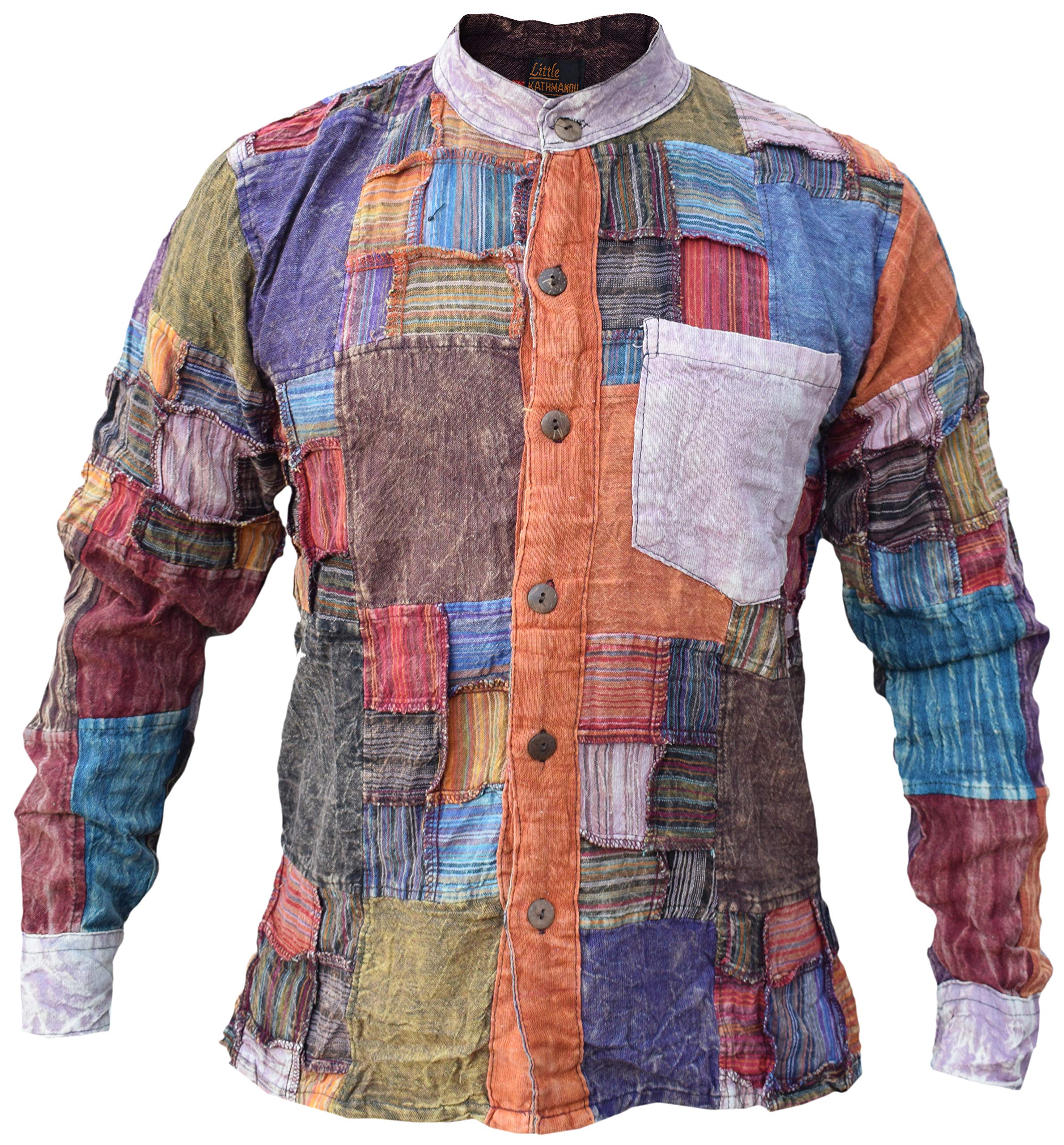 Gheri Men's A Grid Patchwork Cotton Long Sleeve Casual Grandad Collarless Shirt Tops Kurtas XXX-Large