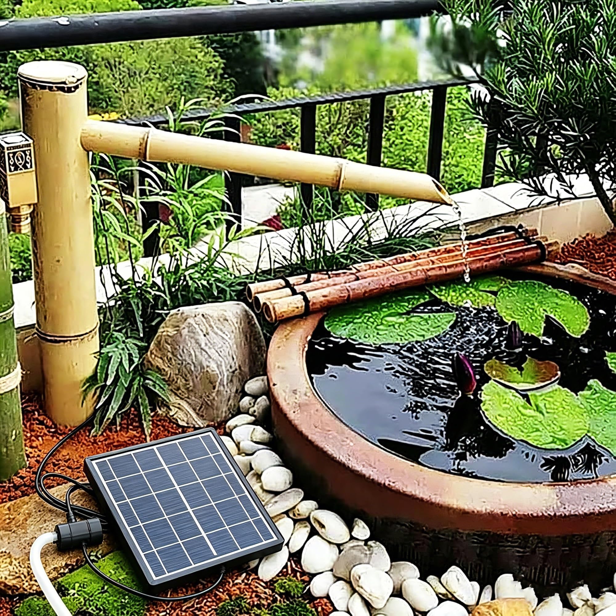 Traditional Bamboo Water Fountain with Solar Water Pump, Outdoor Japanese Style Garden Water Feature for Pond, In-Ground Basin and Concealed Fountain