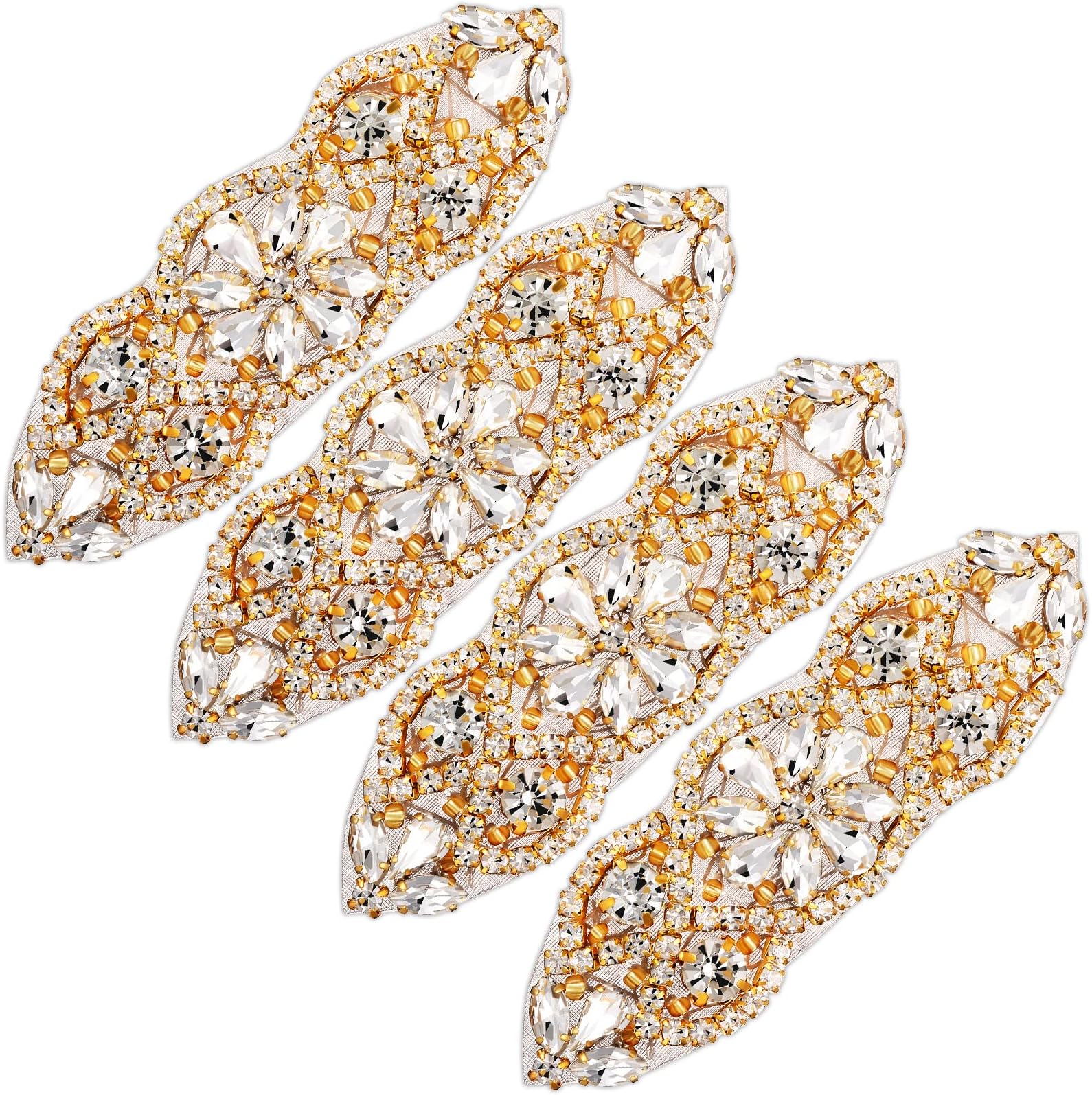 Jutom 4 Pieces Rhinestone Applique Rhinestone Iron on Patch Hot Fix Wedding Hair Appliques for Bridal Wedding Dress Clothes Sash Crystal Belt Sewing Shoes(Gold)