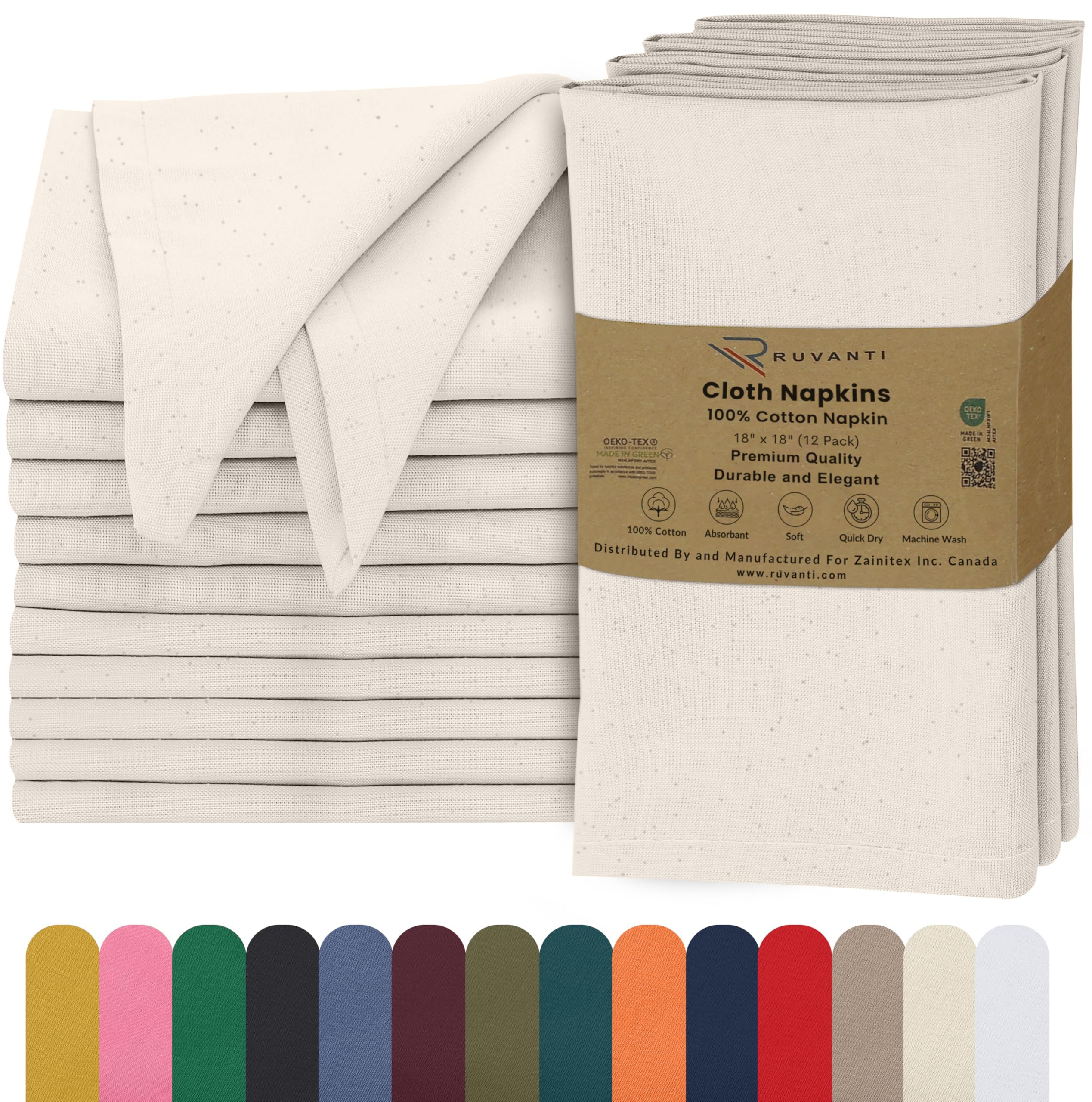 Ruvanti Natural Cloth Napkins Set Of 12, 18X18 Inches, Napkin Cloth Washable, Soft & ‎Absorbent 100% Cotton Napkins, Perfect For Wedding, Christmas, ‎Thanksgiving, And Dinner - Color