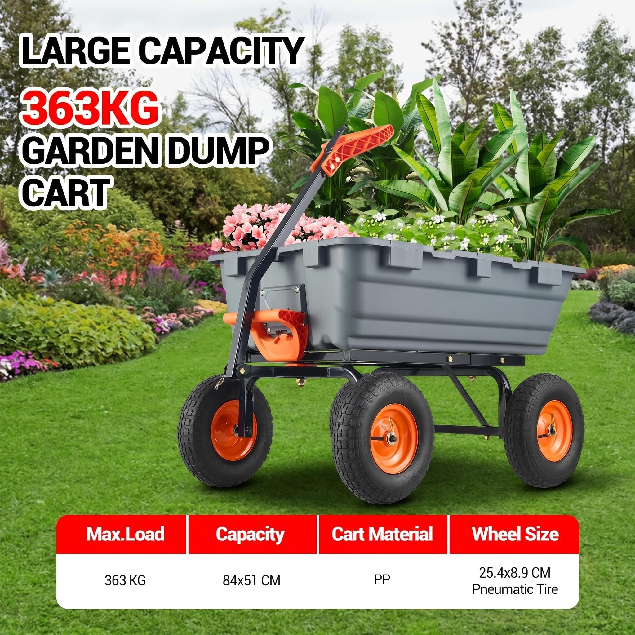 Gartenwagen, aus rostfestem Polyethylen, für Garten, Hof & Lager, 363 kg Tragfähigkeit, Maße 173 x 71 x 82 cm, Grau