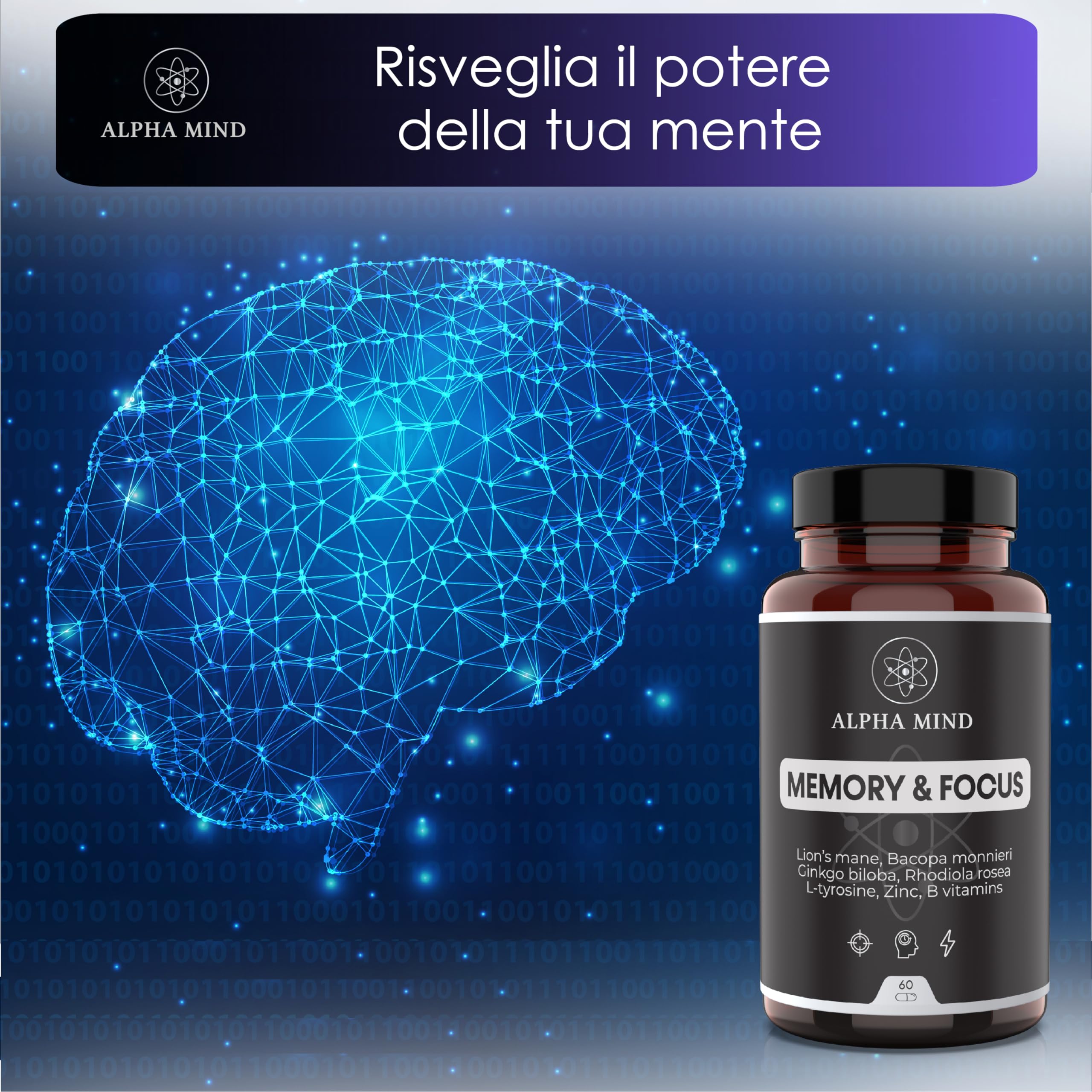 Nootropico Potente Naturale - Concentrazione, Memoria, Agilità Mentale - Con Lions mane, Ginkgo biloba, Bacopa Monnieri, Rhodiola Rosea, L Tirosina, Zinco, Vitamine B - Senza Caffeina