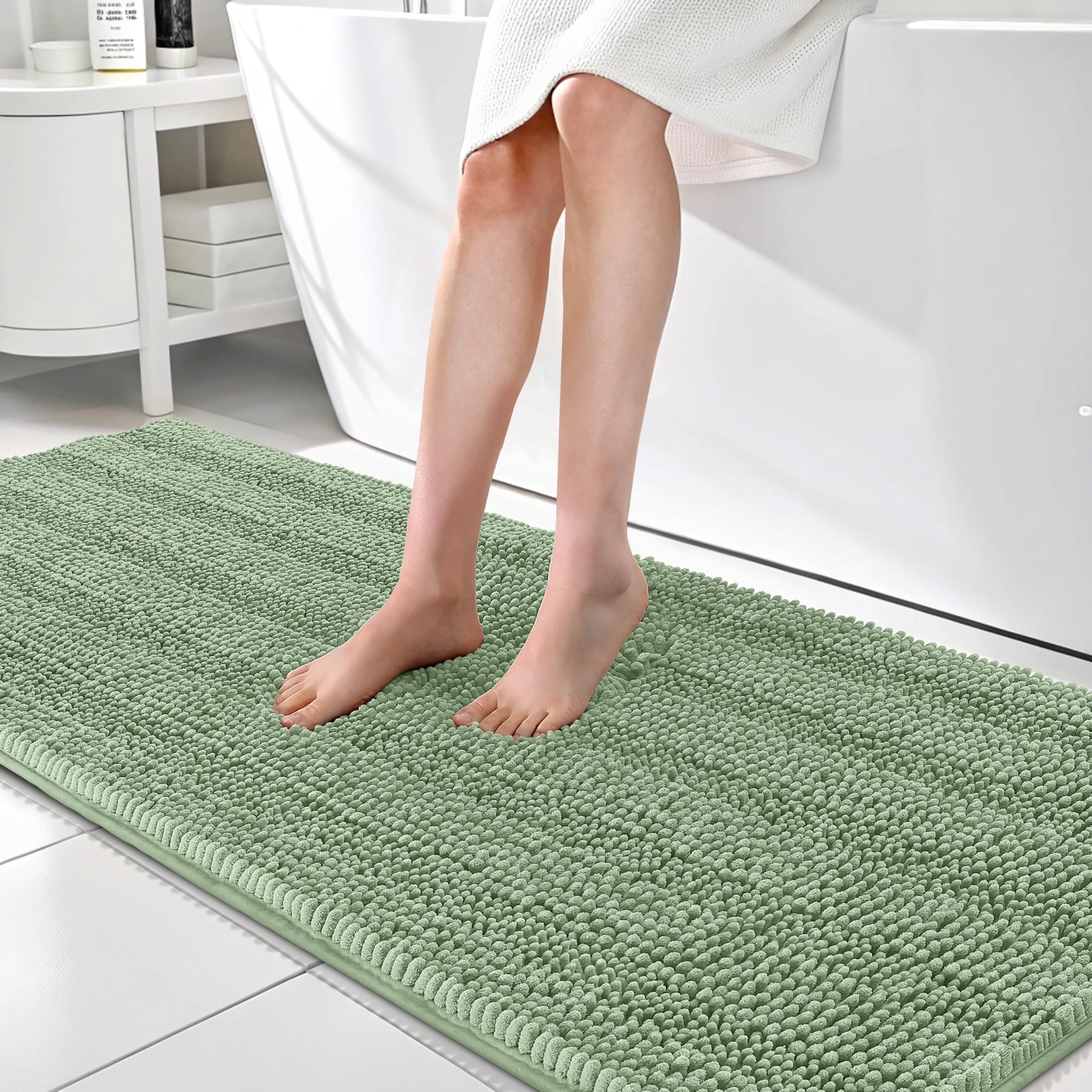 OLANLY Thick Bathroom Runner Rugs 70x24, Chenille Bath Rugs, Sage Green