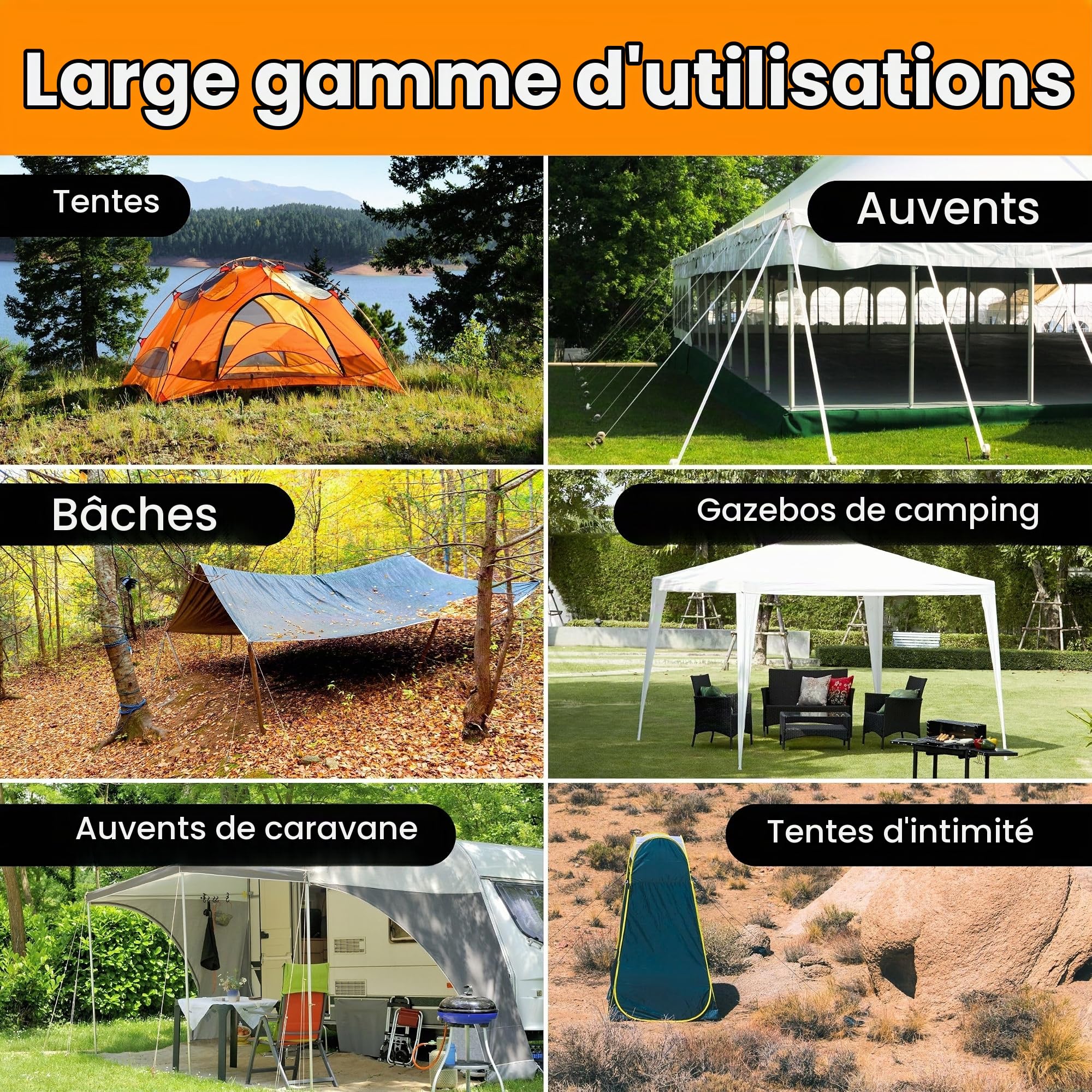 Piquet de Tente - Lot de 20 Piquets de Tente en Metal et Sardines Campingpour l'Exterieur - Sardine de Fixation Galvanises Orange pour Sol Dur, avec Extracteur de Piquets Inclus (20cm)