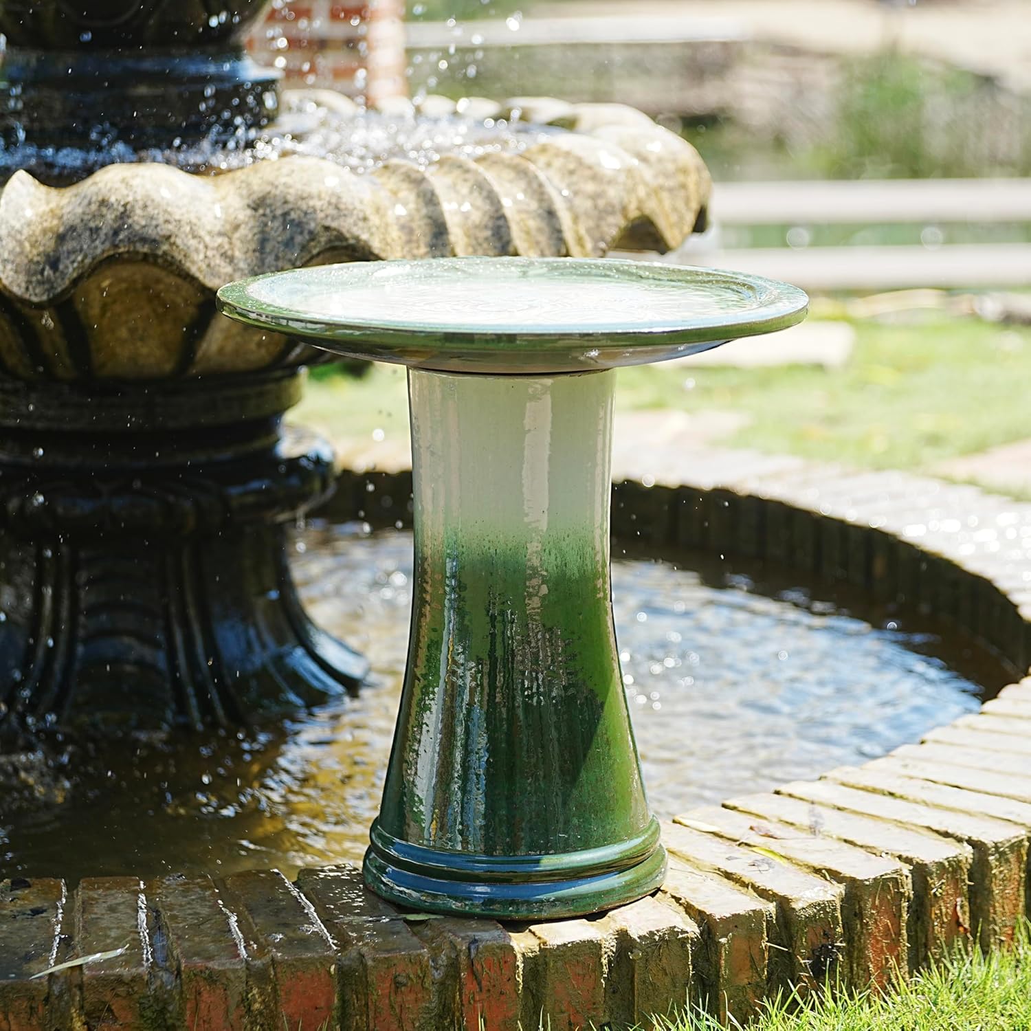 Ceramic Bird Bath for Outdoors, 18" H Weather-Resistant Birdbath for Garden Bird Watching, Pedestal Glazed Birdbaths, Grass Green