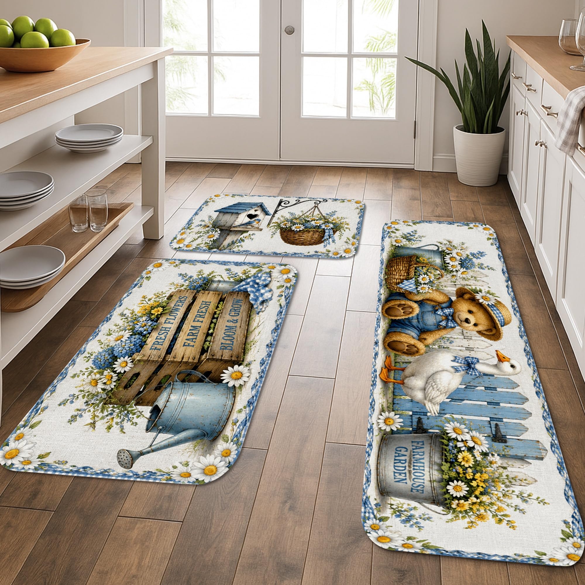 Tapis de cuisine bleu floral lot de 3 tapis de sol vintage rustiques doux et confortables