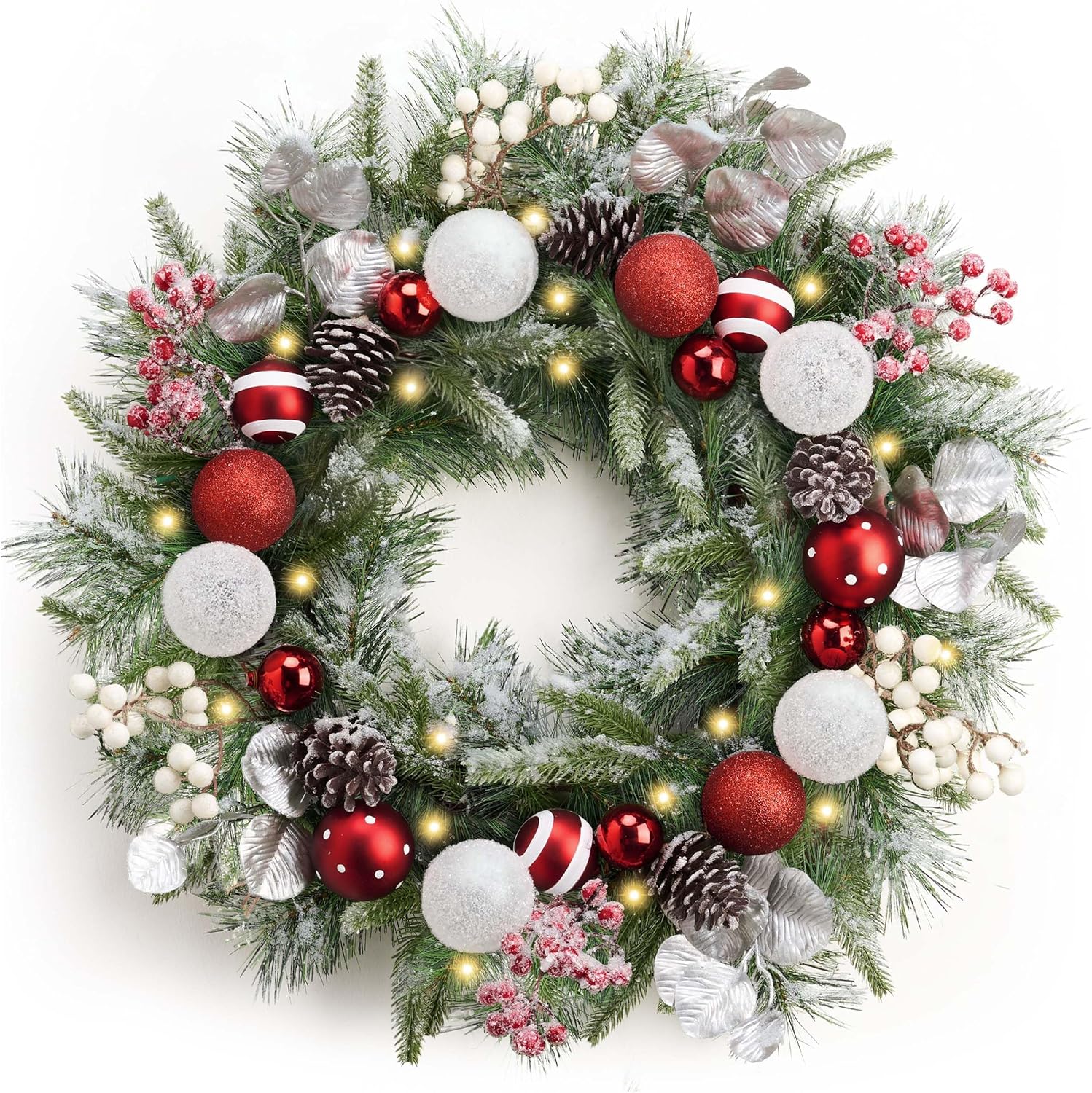 Valery Madelyn 20'' Pre-Lit Christmas Wreath for Front Door with Light, Lighted Christmas Door Wreath with Red White Xmas Ball Norfolk Pine Branches for Home Porch Fireplace Window Holiday Decor