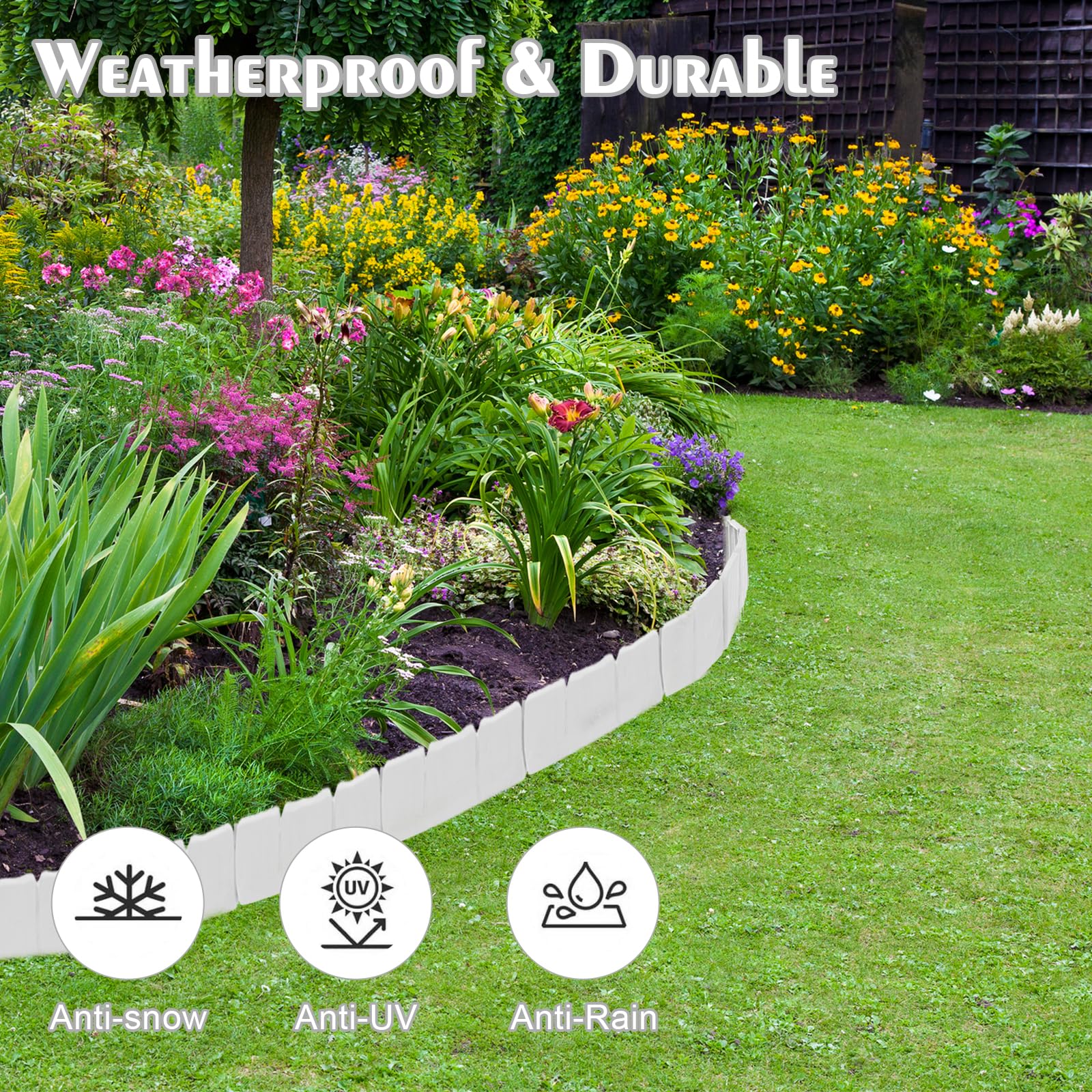 Rasenkante Kunstoff, 15m Flexibler Steinoptik Beeteinfassung, 60 Stücke PP Beetumrandungen Mähkante, Rasenkanten Steinoptik Palisade für Blumen Gartenzaun Decorativ, L 25 x H 23 cm - Weiß