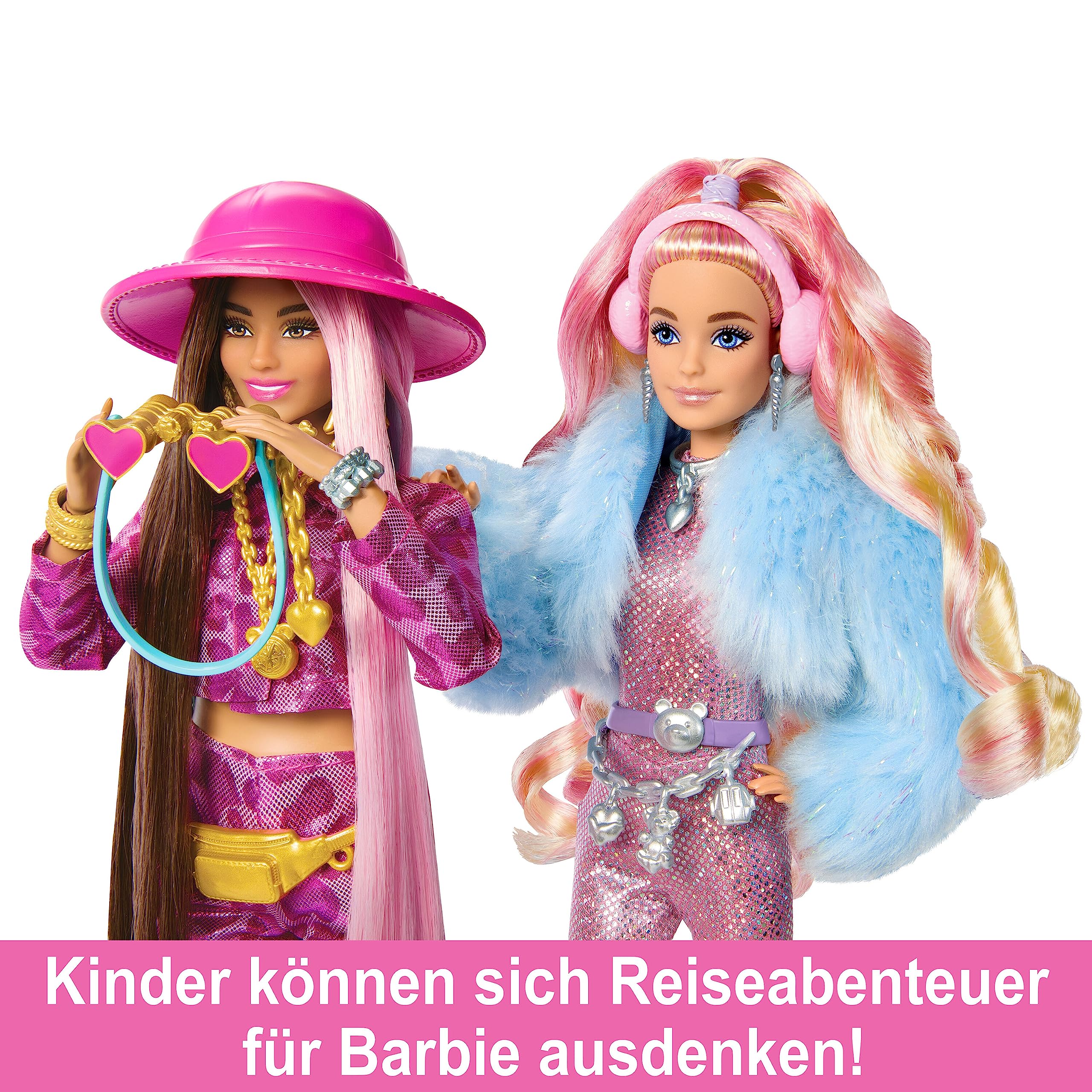 Barbie Extra Fly - Safari-Reise-Puppe mit pinkem Outfit und Zubehör, beweglicher Körper, 15 Accessoires inklusive Koffer, Pass und Fernglas, für Kinder ab 3 Jahren, HPT48