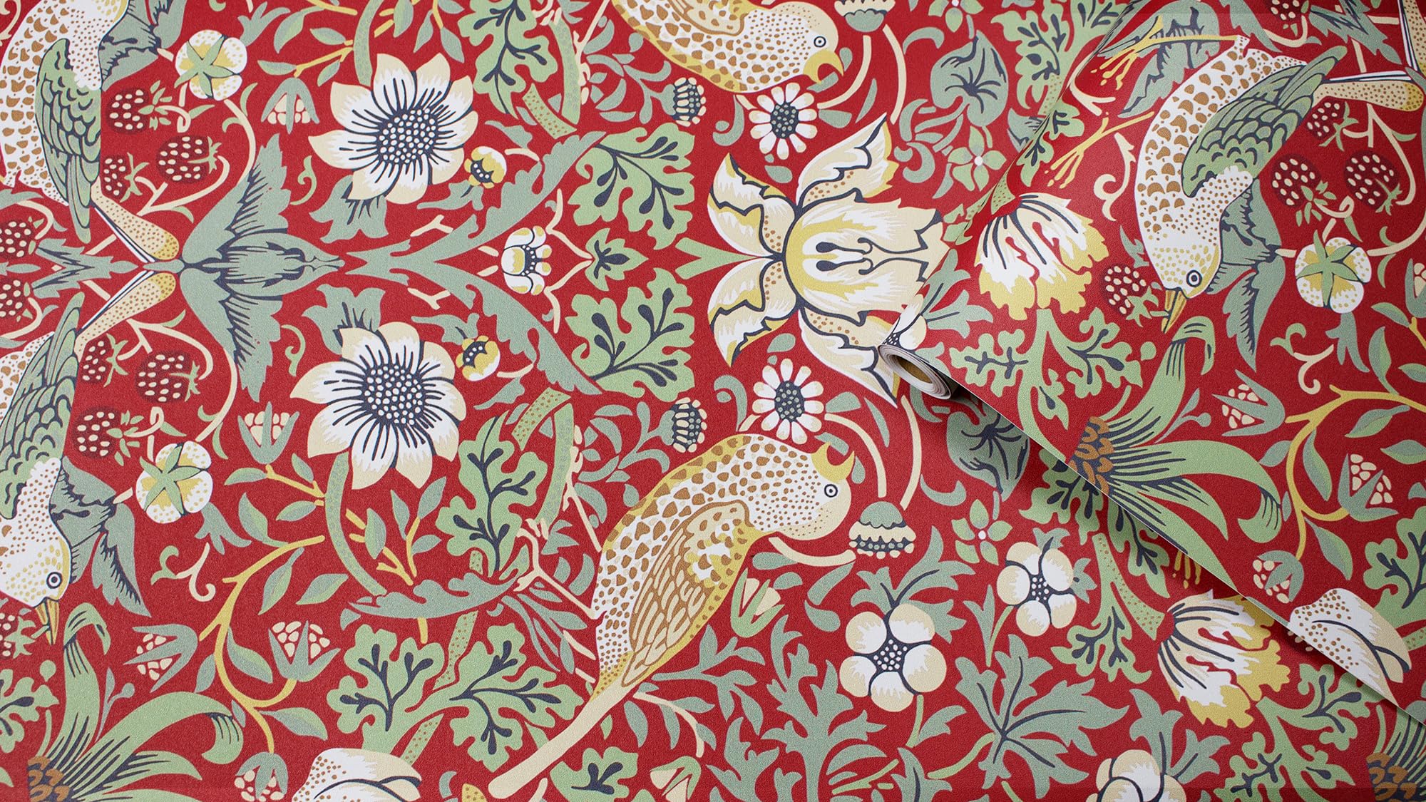 Self Adhesive Wallpaper Birds and Flowers, 45 x 500 cm Bird and Strawberry Floral Wallpaper Red Peel and Stick Wall paper Self Adhesive Furniture Wrap for Living Room,Bathroom,Drawer,Cabinets,Bedroom