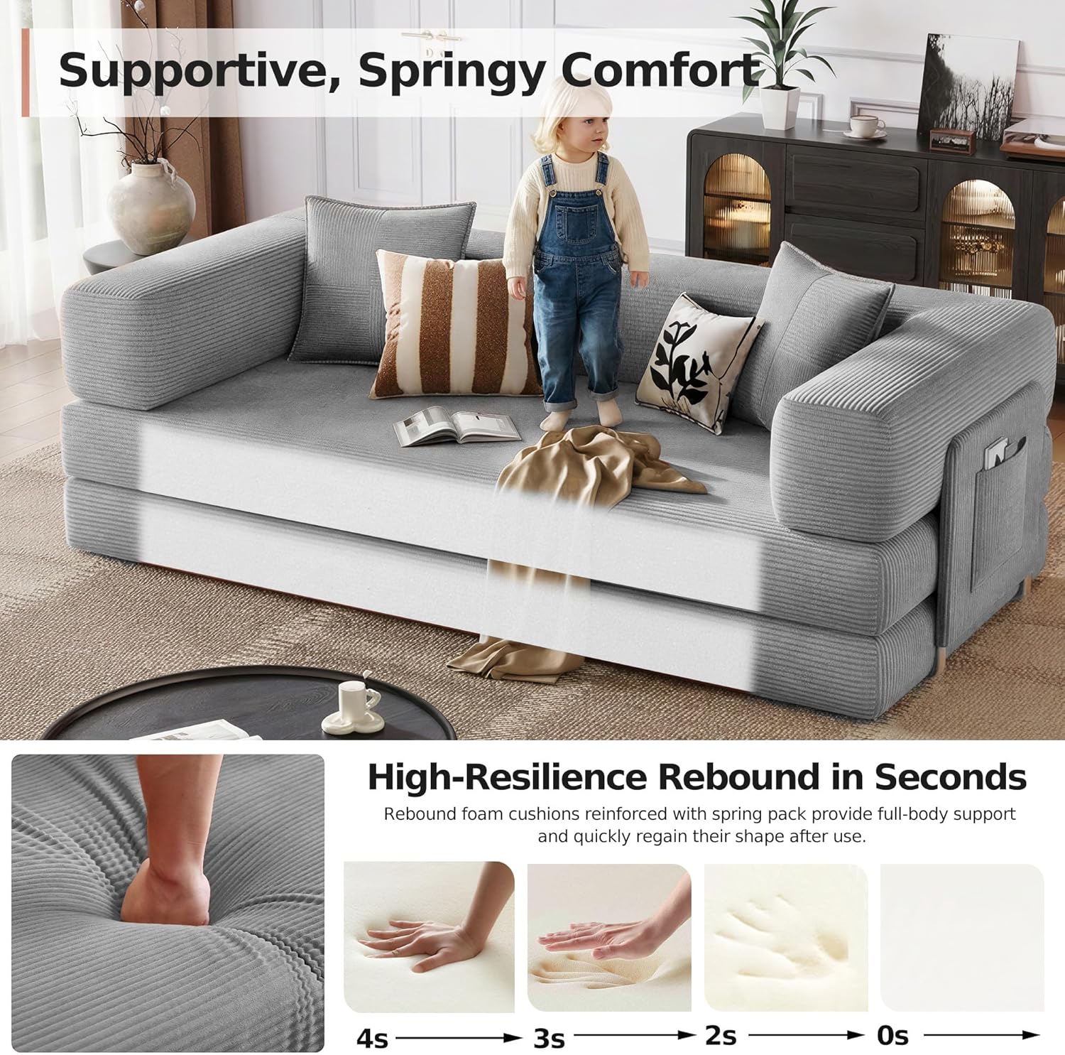 78.8’’ Boneless Sleeper Sofa Bed,Convertible Futon Couch with Storage Pocket and 2 Pillows,Modular Corduroy Sofa for livingroom,Small speace,Gray