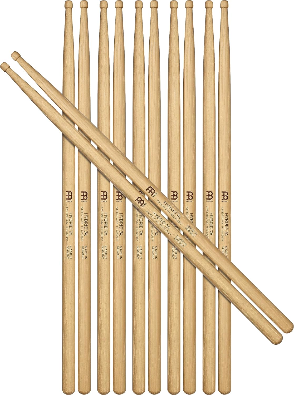 Meinl Stick & Brush Drumsticks, Hybrid 7A Half Brick (6 Pairs, 5 Plus 1 Free) -American Hickory with Acorn/Barrel Shape Wood Tip-Made in Germany (SB105-6)