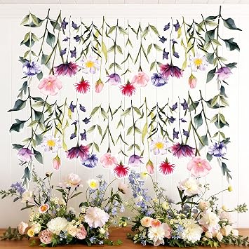 Wildflower Flower Banner Garland for Tea Party Floral Bridal Shower Decor | Wildflower Birthday Theme Party Decorations Supplies Pink