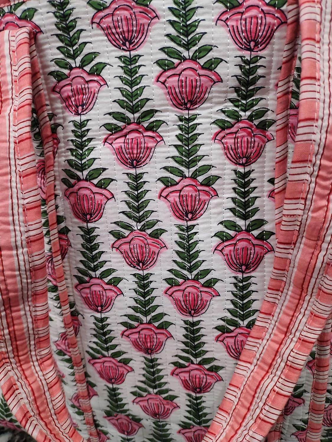 Cotton Floral Block Print Tote Bag Handmade Indian Shoulder Bag, Qiulted Market Shopping Bag - Image 4