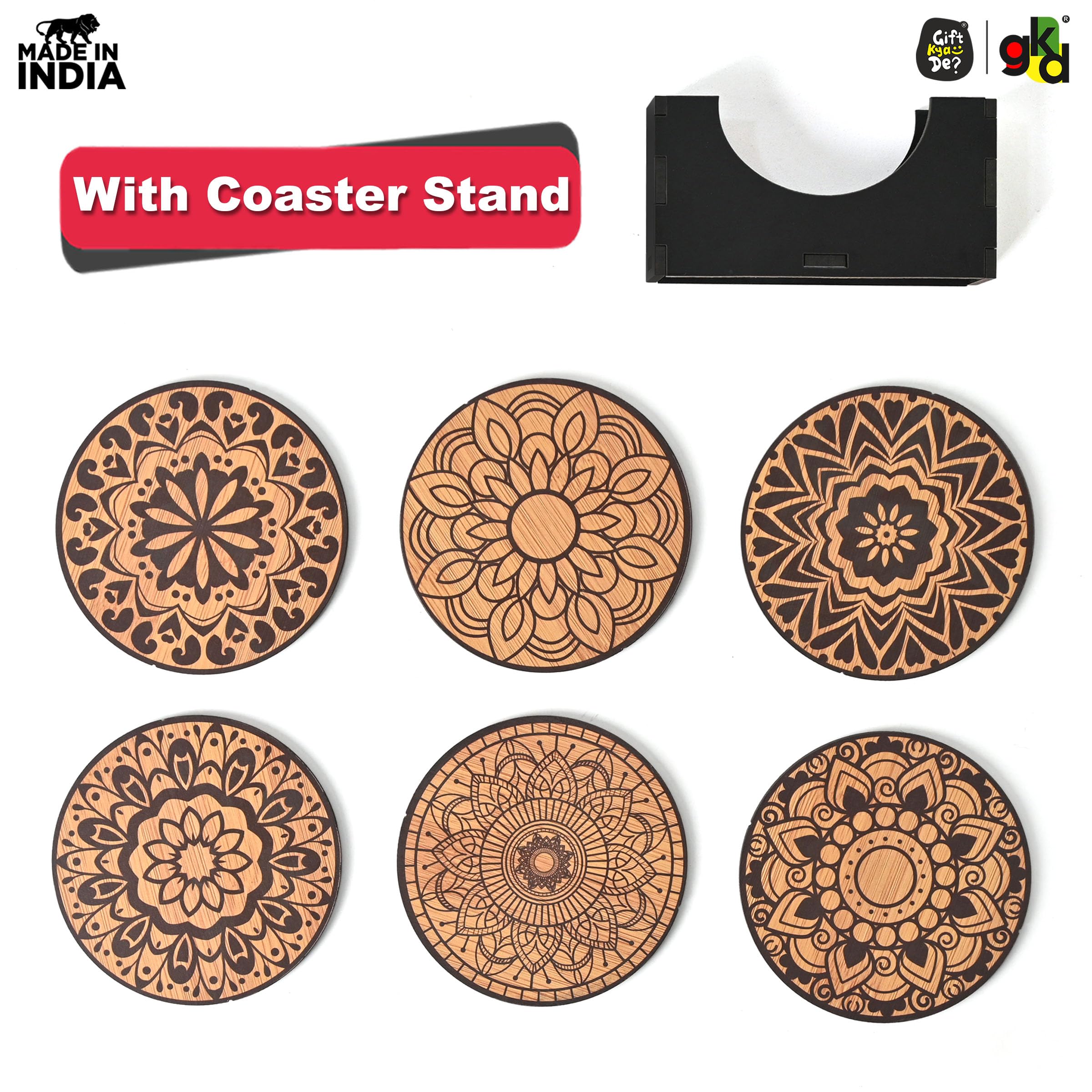Gift Kya De Gkd Coaster Set Of 6 Mandala Art Wooden Coasters With Proper Coaster Stand Coaster Set Fit For Tea Cups, Coffee Mugs And Glasses (3.5 X 3.5 Inch) (Bamboo Ecofriendly) 2