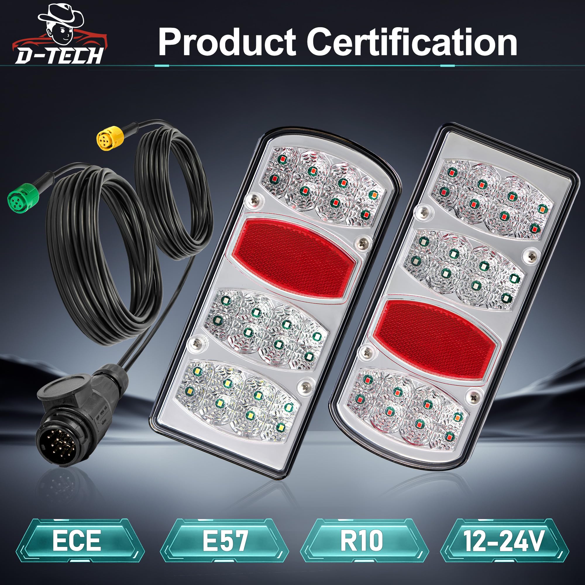 D-TECH Pilotos Focos Traseros Remolque LED IP65 ECE Homologados 12V/24V Plug & Play 8 m Kit Luces Traseras LED Remolque 13 Pines para Grandes Remolque Agrícola Caravana Camión y Portabicicletas