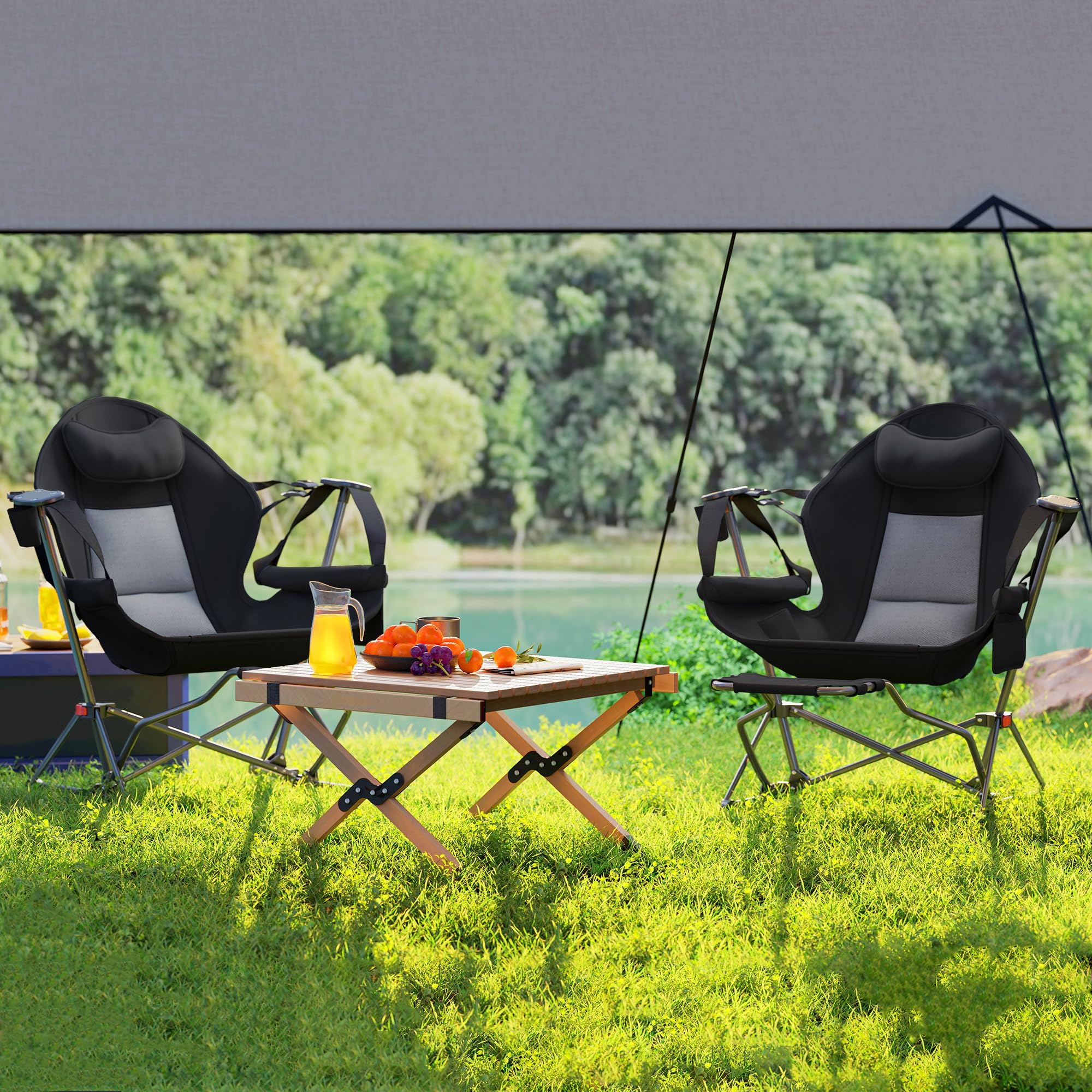 Outsunny Mecedora Jardín Exterior con Reposapiés Pack 2 120 kg Negro | Silla Plegable de Camping, Reposacabezas, Portavasos, Bolsillos, Bolsa de Transporte, para Playa Camping Pesca