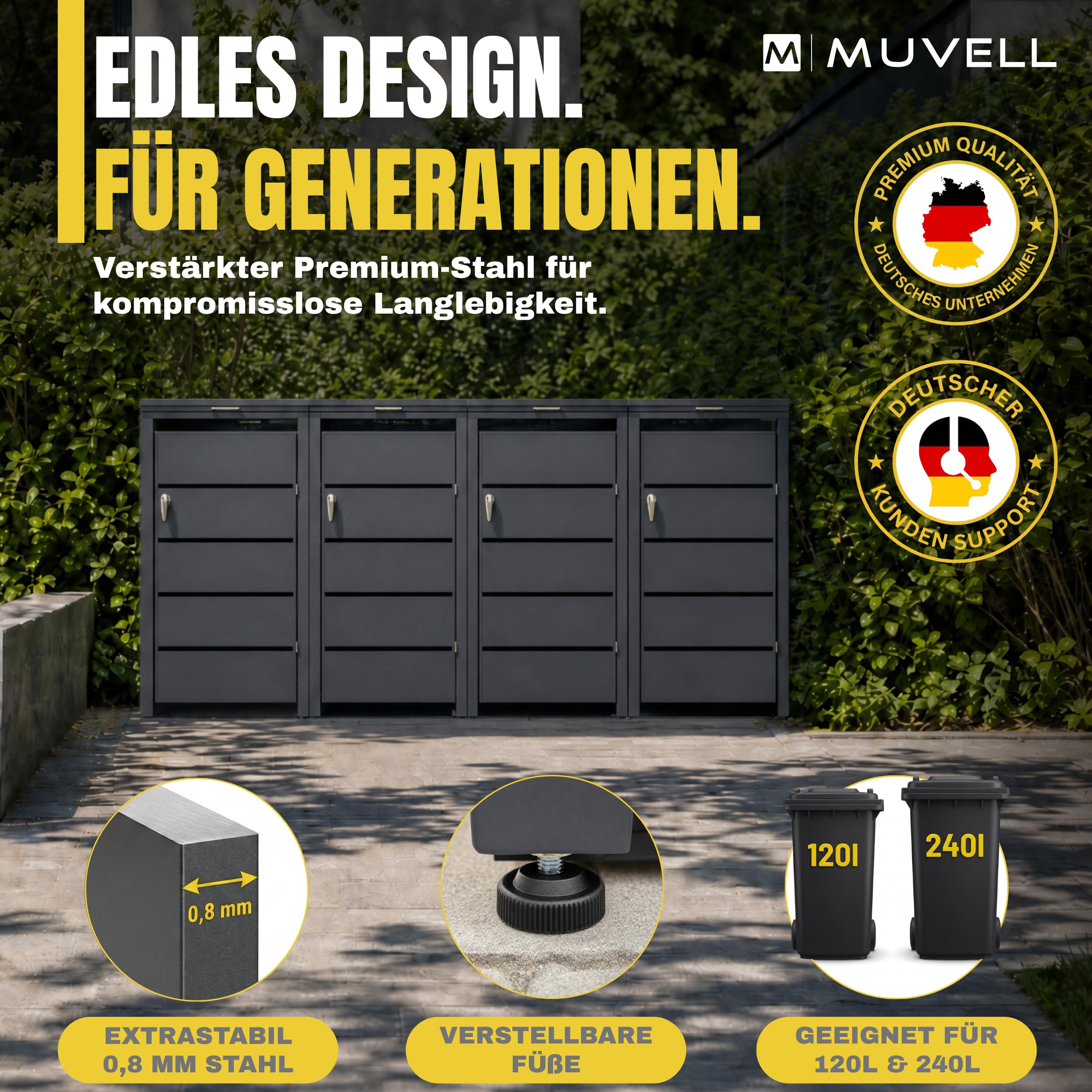 Mülltonnenbox 4er 240l & 120l Müllbox - 0,8 mm feuerverzinktes Metall - Eisenglimmer DB 703 Premiumfarbe Mülltonnenboxen - abschließbare wetterfest Mülltonnenverkleidung