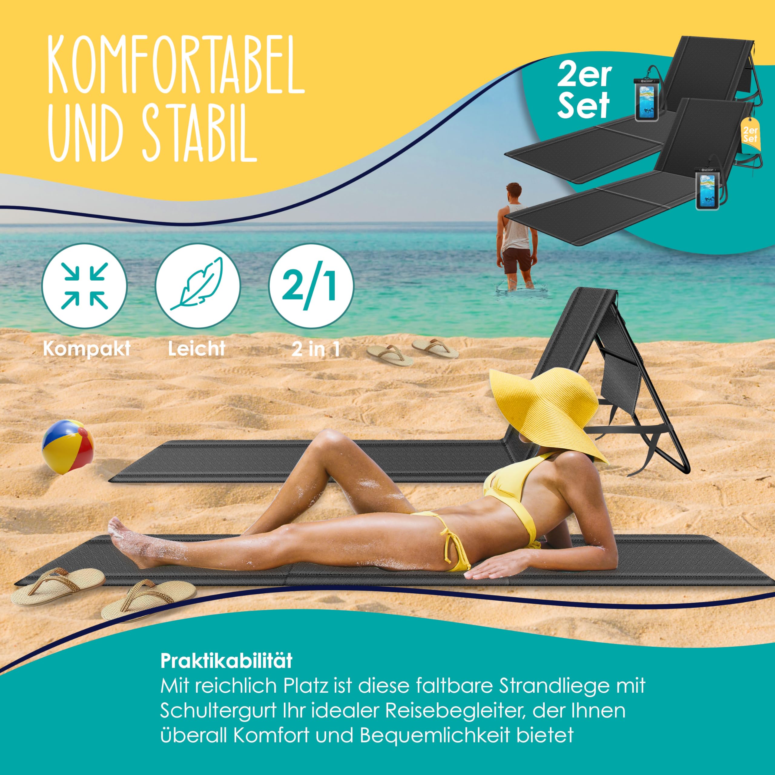KESSER® Set di 2 materassini da spiaggia pieghevoli con schienale regolabile, tracolla e borsa, portata massima 130 kg – Lettino prendisole per spiaggia, giardino e terrazza