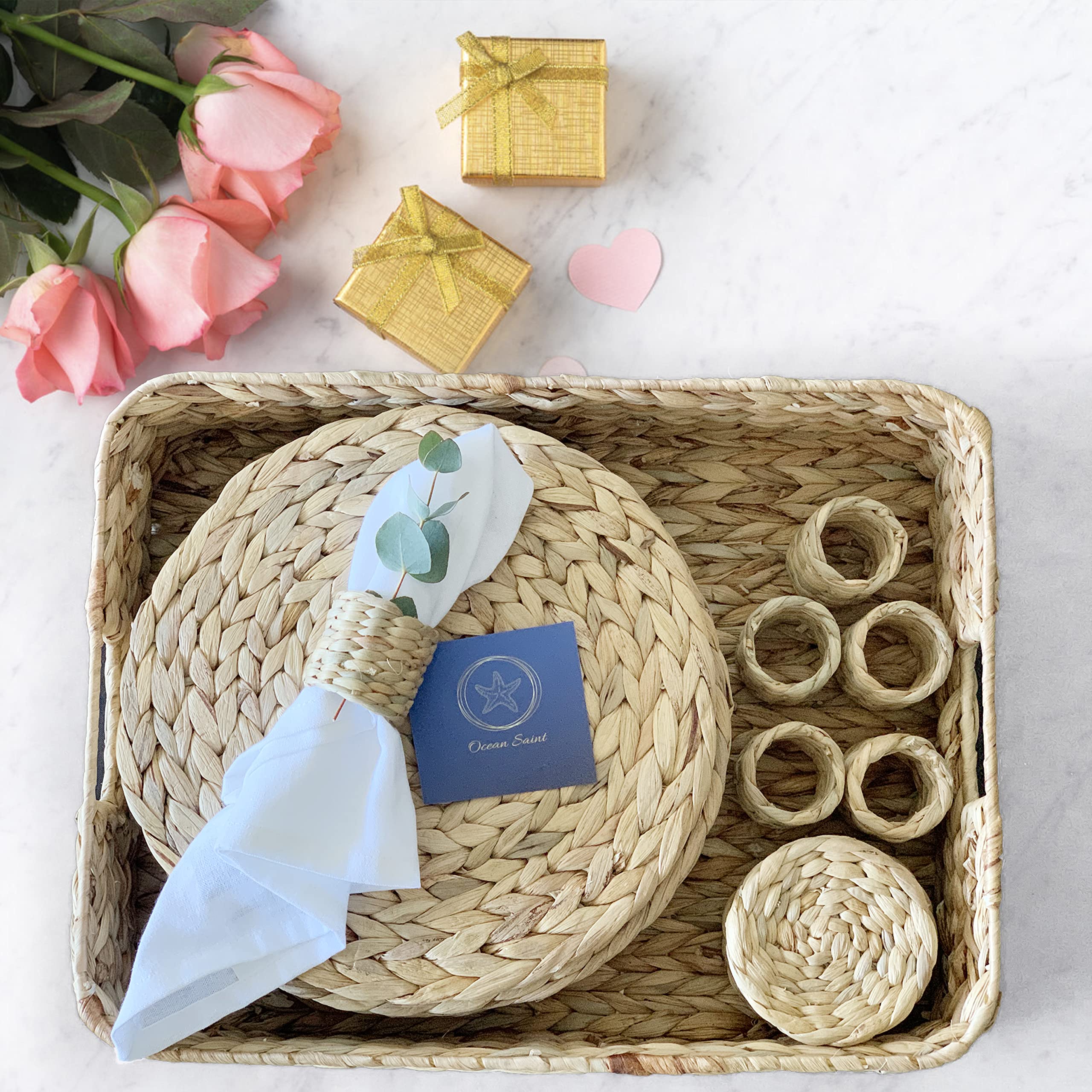 The Whole Set! Stunning Round Woven Placemats. Set of 6 Includes Woven Placemats 6 Coasters 6 Napkin Rings and Beautiful Serving Tray. These Boho Woven Chargers and Accessories Make a Wonderful Gift.