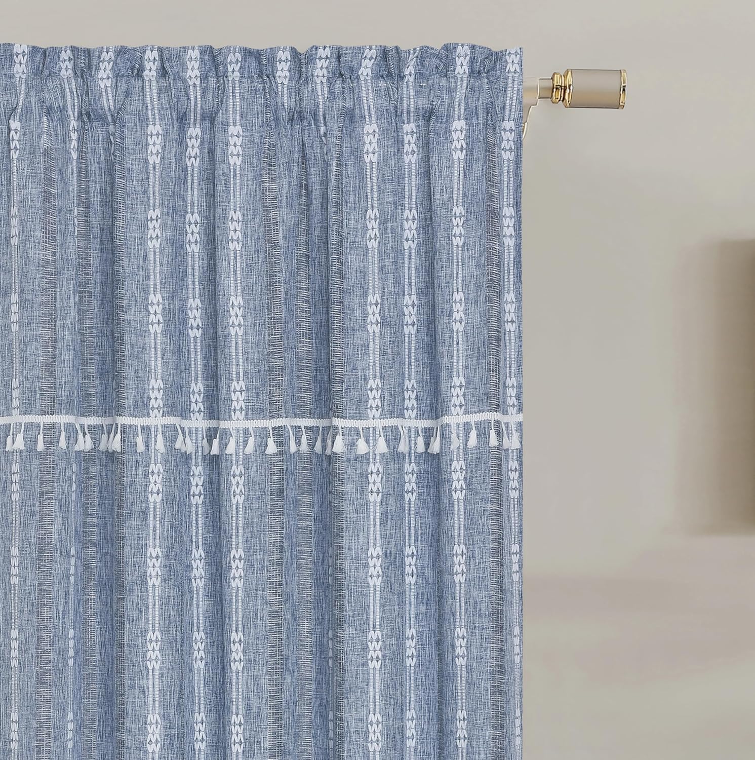 GOHD Country Road Window Curtains Boho Jacquard Stripe Tassel for Living Room Window Curtain,Rod Pocket Farmhouse Curtains for Bedroom 3 Size, Cotton and Linen Like Texture (96in,Green)