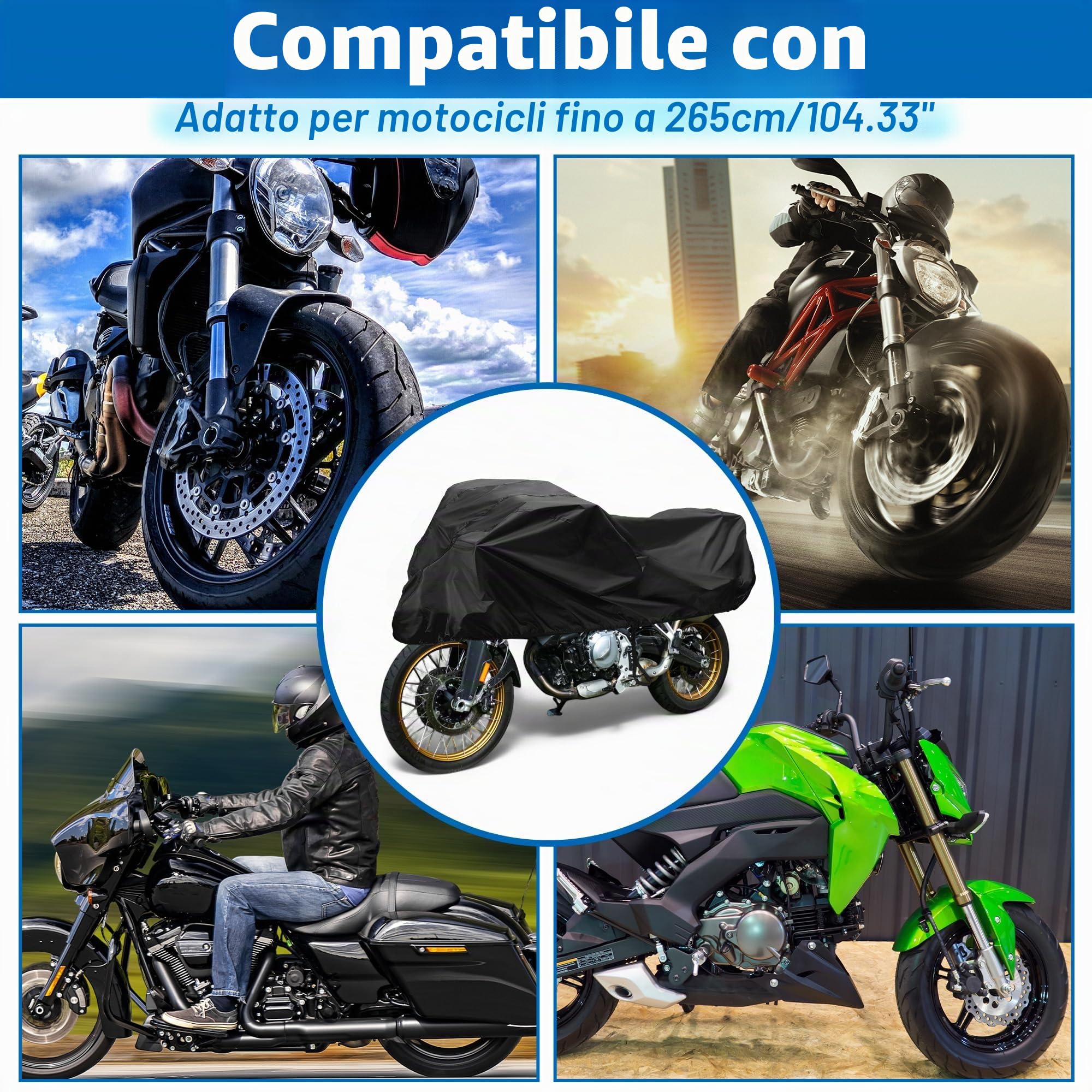 X AUTOHAUX Copertura per moto da esterni, impermeabile, mezza copertura 420D, in poliuretano, colore nero, protezione da sole e pioggia, adatta per 265 x 105 x 65 cm | Mezza copertura impermeabile per esterni, nera, protezione solare, copertura impermeabi