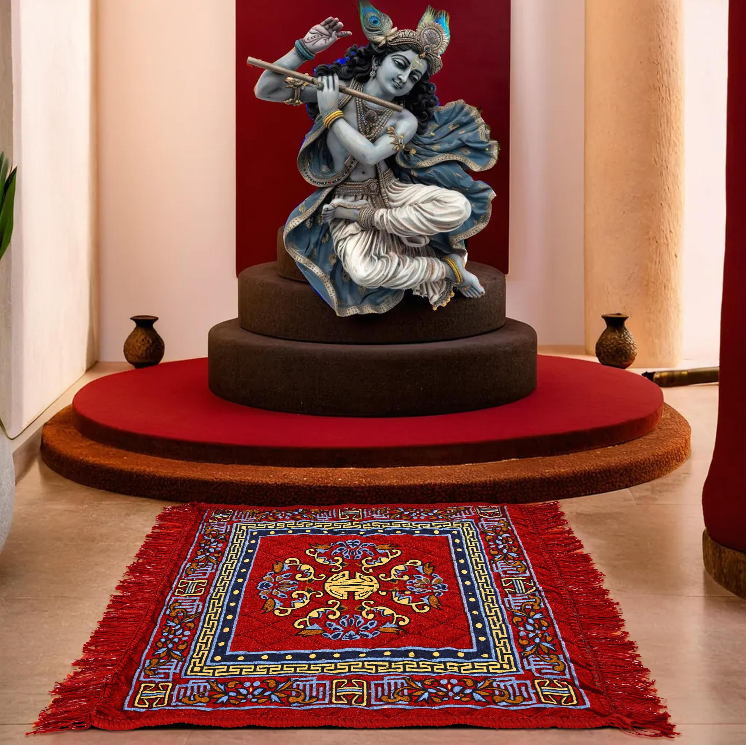 Kuber Industries (Set of 4) Traditional Asana for Puja - Soft Velvet Aasan for Pooja | Prayer | Sitting | Meditation - Small Carpet Mat Rug for Floor - (Red & Maroon Color) 2