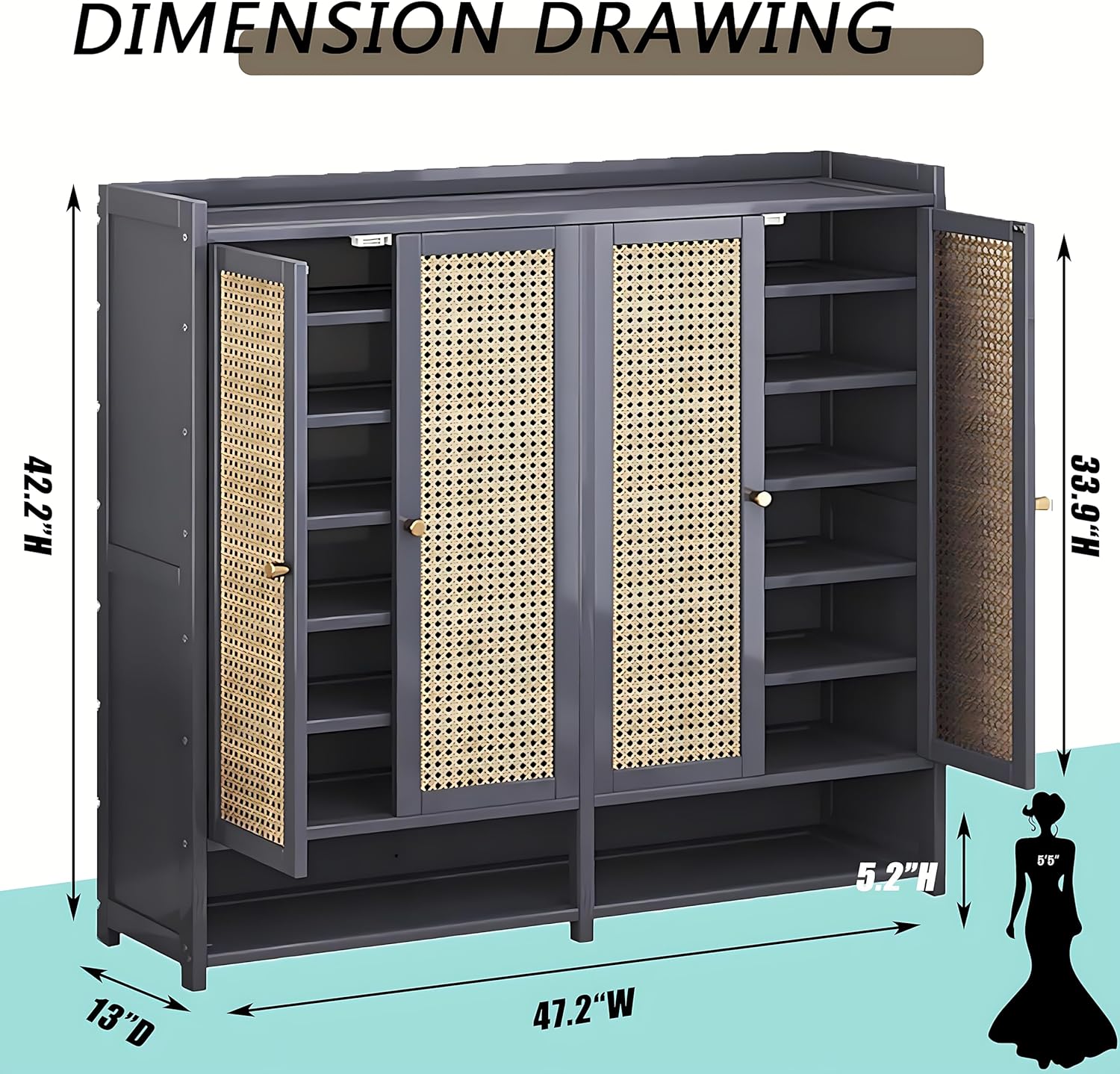 8-Tier Shoe Storage Cabinet for Entryway, 36-40 Pairs Large Capacity Shoe Cabinet with Rattan Door, Freestangding Shoe Rack Organizer with Adjustable Shelf for Closet, Hallway, Living Room