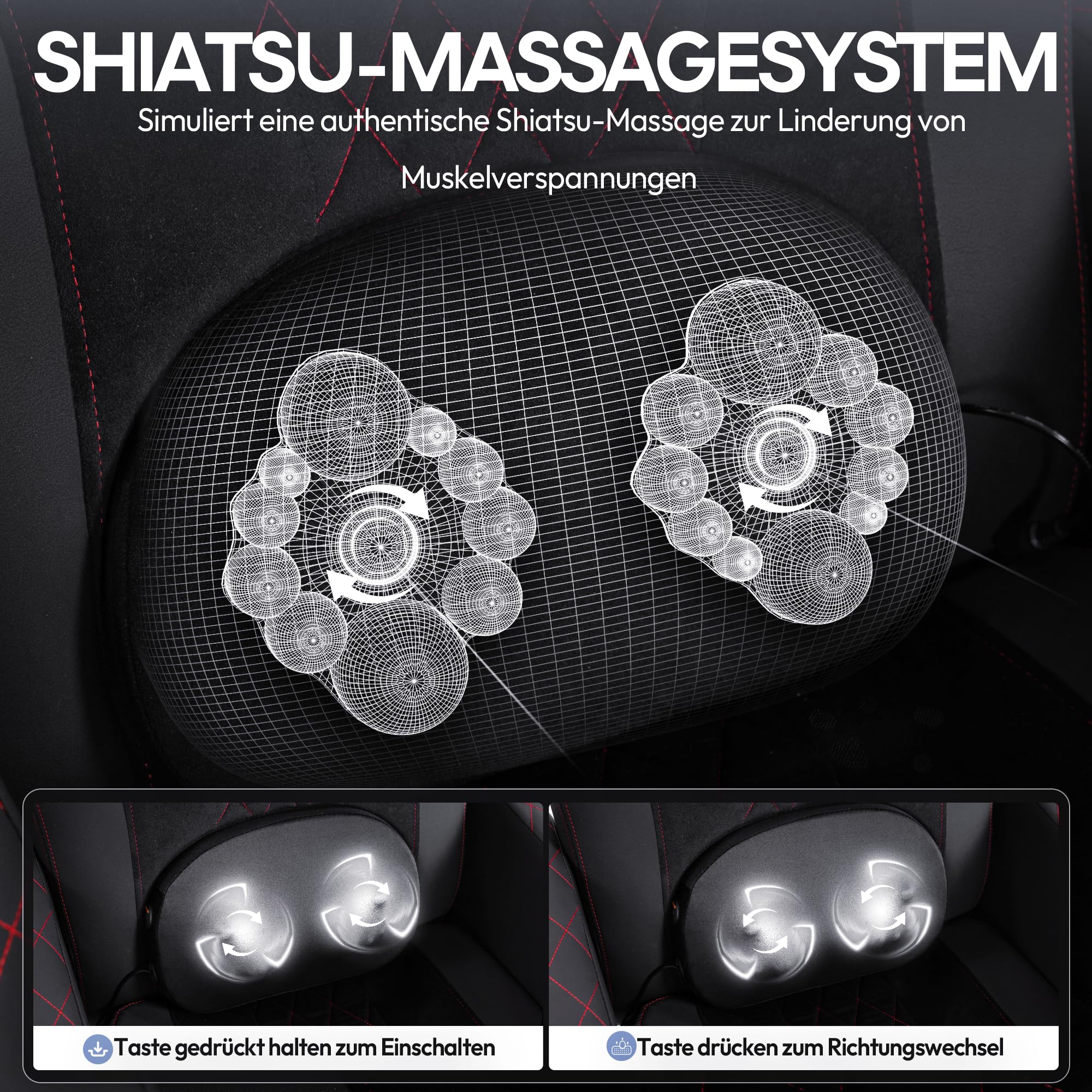 Dowinx Relaxsessel Gaming Sessel mit Shiatsu Massagefunktion, Fernsehsessel mit Liegefunktion 90°–135° und Fußstütze, 360° drehbarer Gaming Stuhl ohne Rollen, Getränkehalter, Seitentaschen-Schwarz Rot