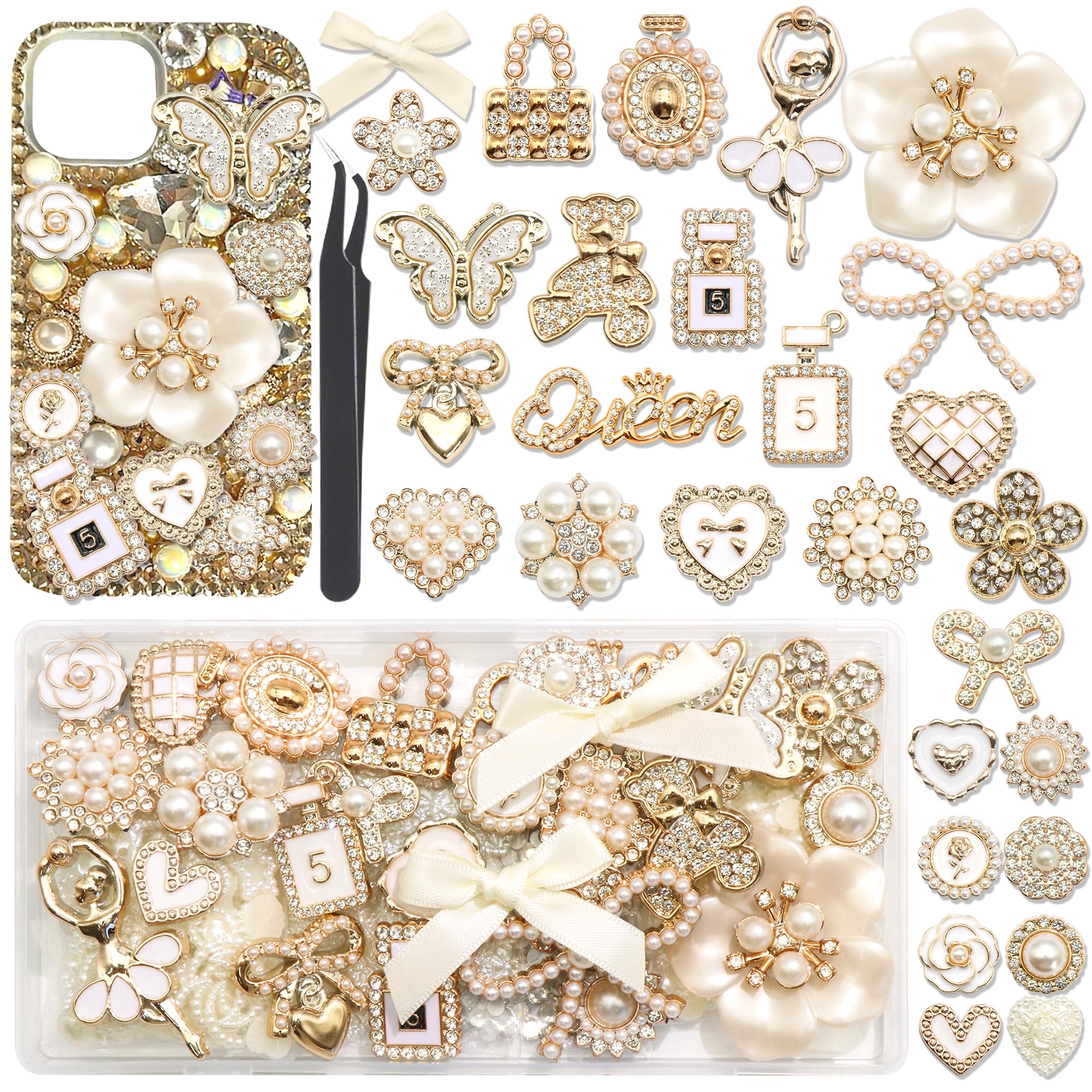 BELICEY Junk Case Charms Elegant Flower Butterfly Charm for Phone Case 3D Bow Heart Bear Junk Phone Case Kit Flatback Pearls Rhinestone for Customizing DIY Craft Accessories-image-11
