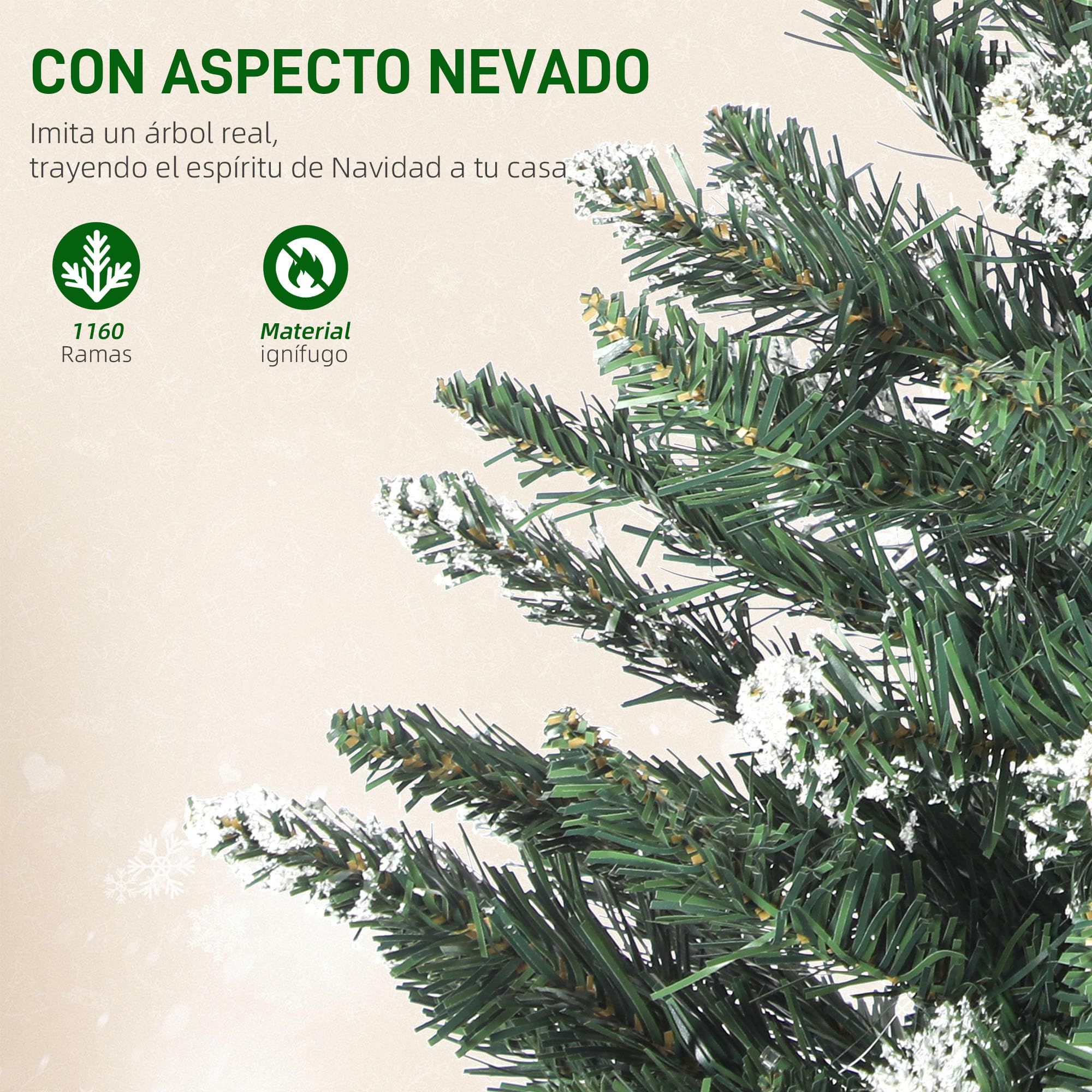 HOMCOM Árbol de Navidad 210 cm con Luces LED 9 Modos de Iluminación Verde | Árbol Navideño de Abeto, 1160 Ramas con Nieve Artificial, Soporte Metálico, Fácil de Montar