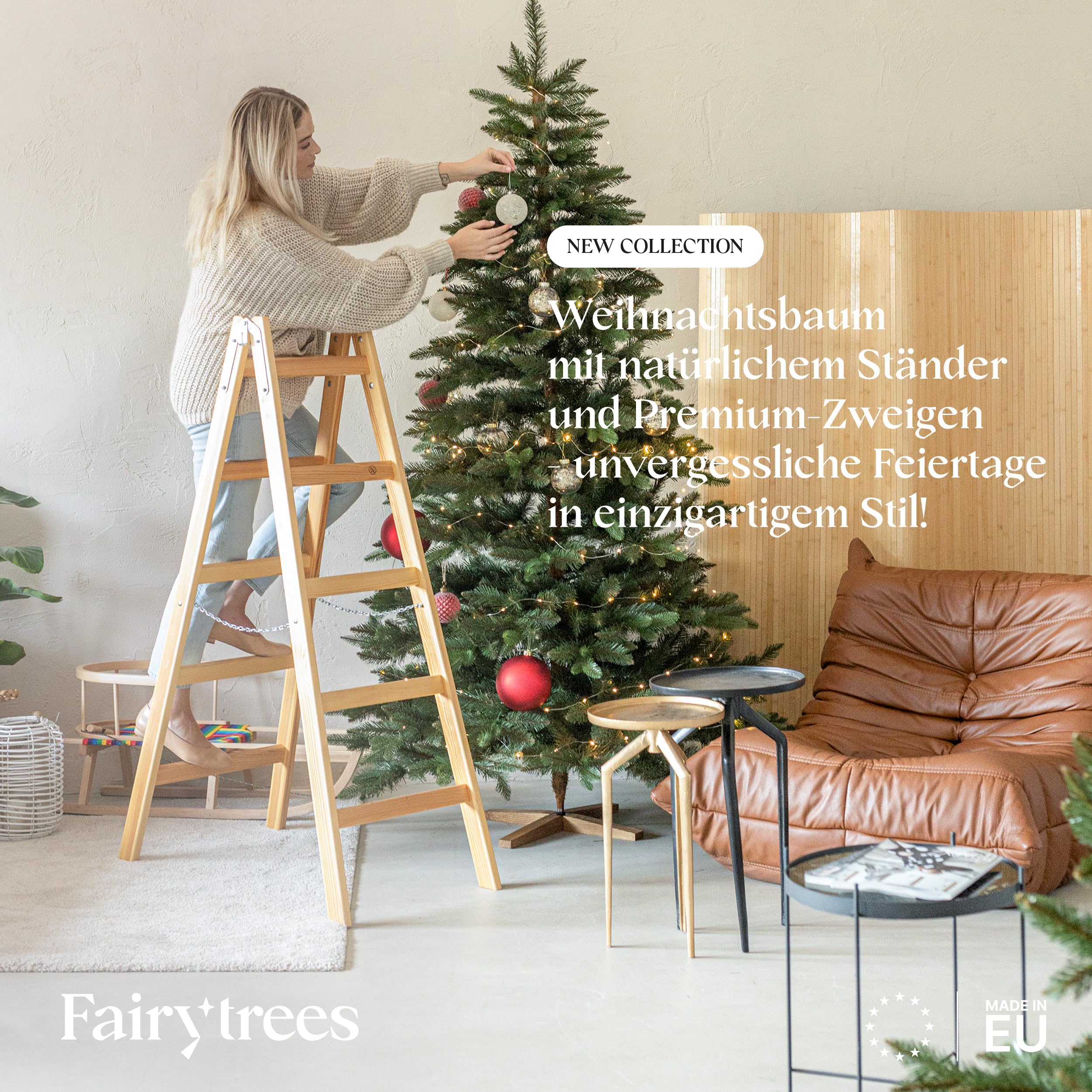 FAIRYTREES Weihnachtsbaum künstlich, Nordmanntanne Premium 180 cm, Naturgetreue Spritzguss Elemente, Künstlicher Weihnachtsbaum mit handgefertigtem Ständer aus Eschenholz
