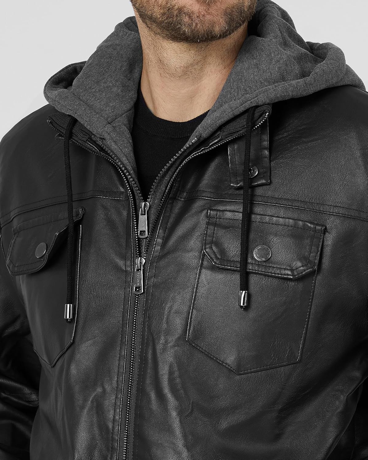 wantdo Men's Faux Leather Jacket Windproof Motorcycle Bomber Jacket Slim Fit Winter Coat with Removable Hood - Image 5