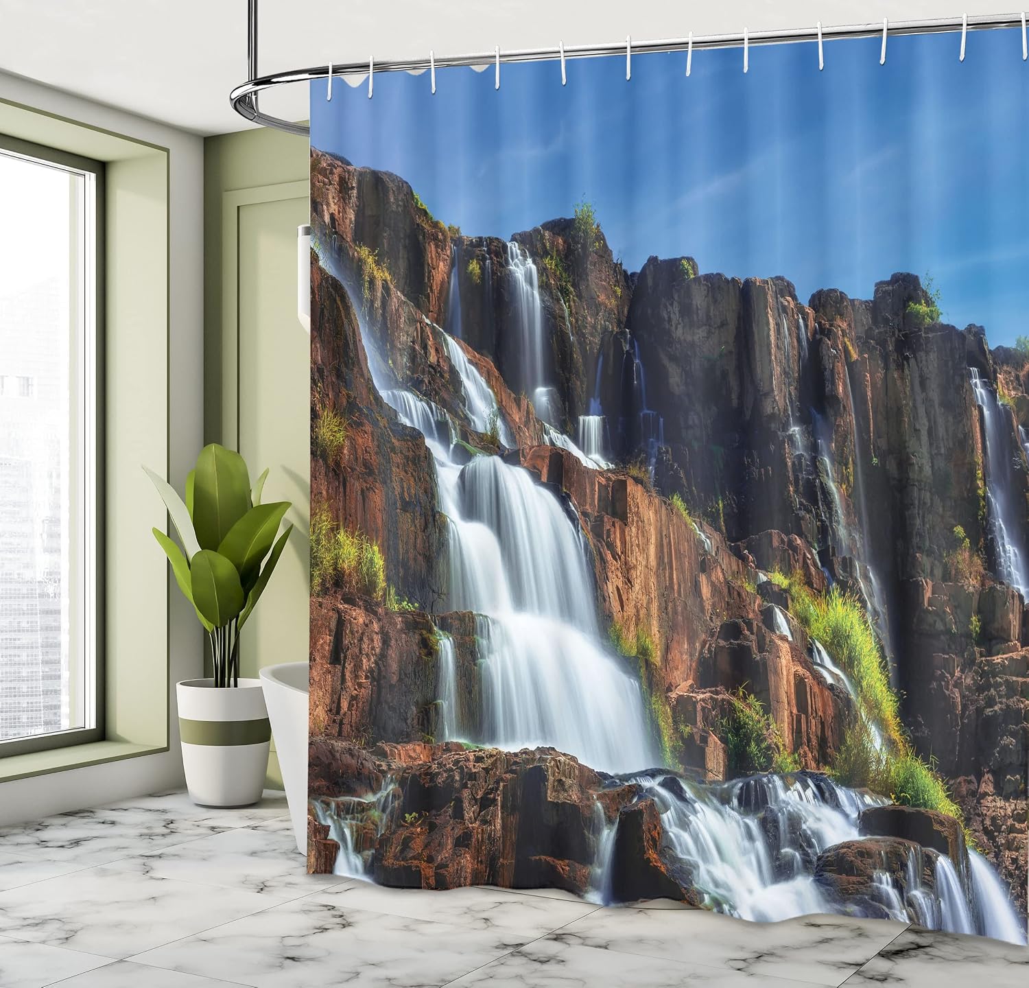 Ambesonne Rainforest Shower Curtain, Pongour Waterfall Exotic Natural Beauty Landscape Mountain Rocks Print, Cloth Fabric Bathroom Decor Set with Hooks, 69" W x 84" L, Ecru Blue image 4