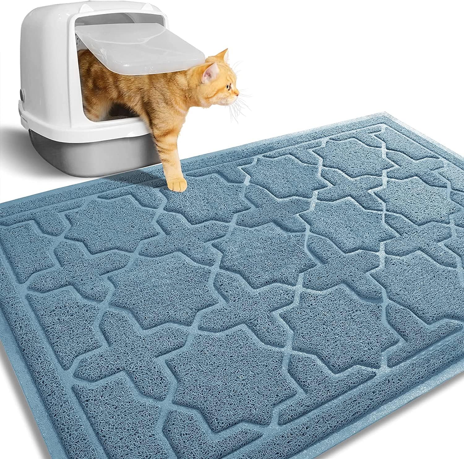 Yimobra Cat Litter Mat, 35.4"x23.6" Litter Box Mat with Litter Lock Mesh, Soft Cat Litter Mat Litter Trapping Mat, Easy to Clean, Non-Slip, Water Resistant, Litter Free Floors, Tea Blue