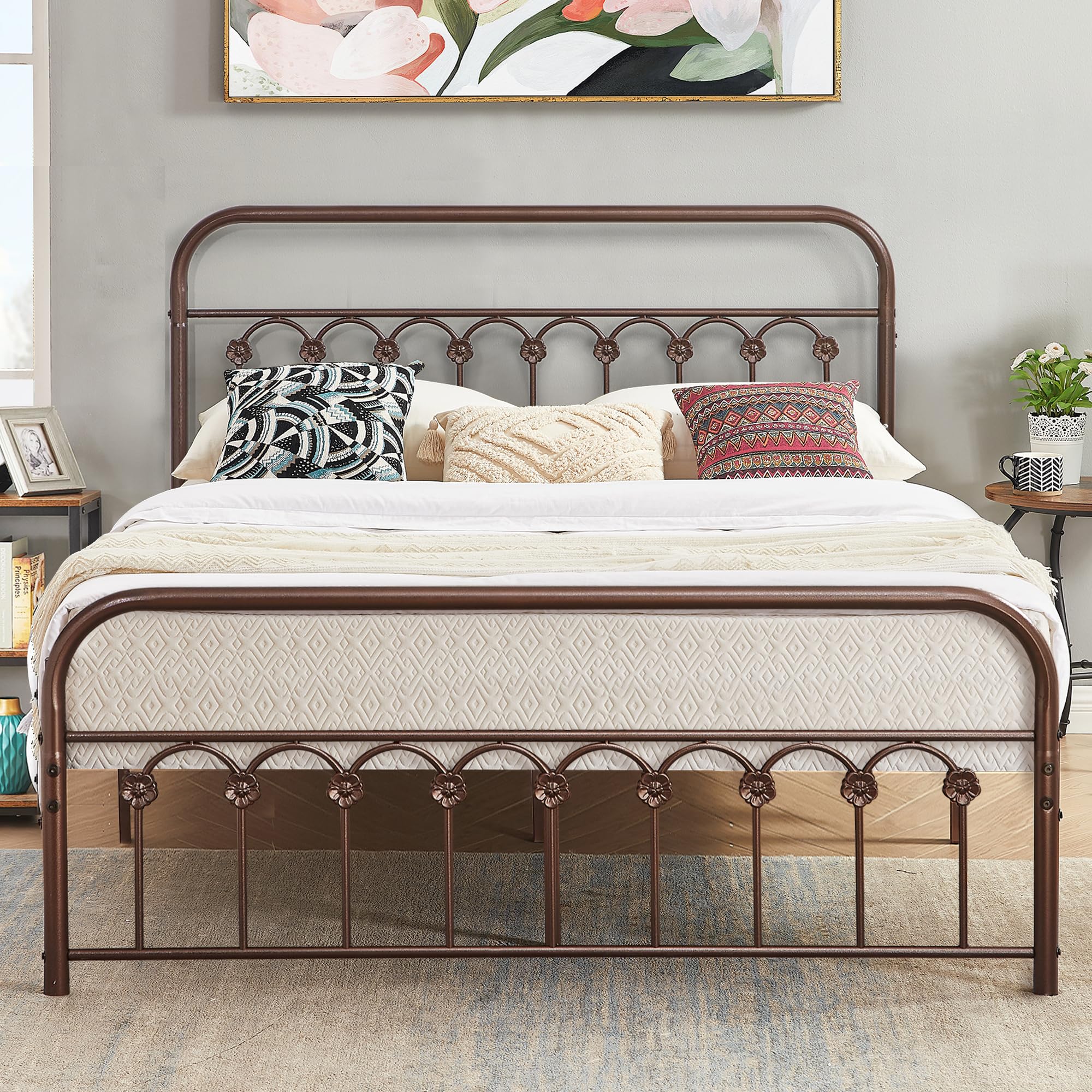 VECELO Bed Frame, Queen Size Metal Platform with Headboard & Footboard, Premium Steel Slat Support Mattress Foundation,No Box Spring Needed