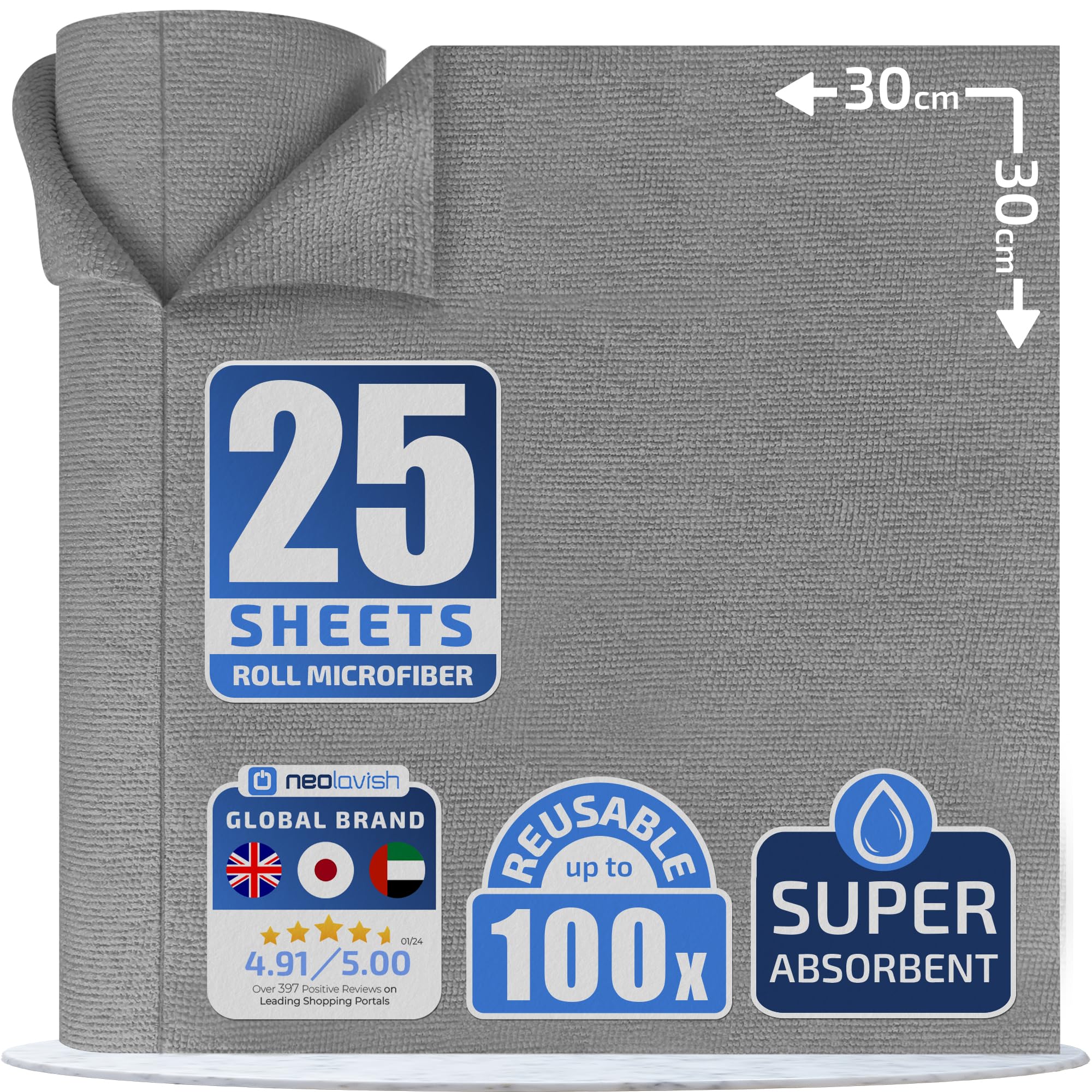 Neolavish® Microfiber Cleaning Cloth Roll – Reusable Kitchen Towel Alternative | 25 Tear-Away Sheets, 30x30cm, Grey