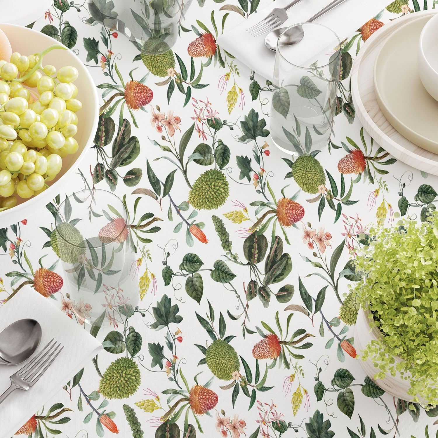 Fabric Textile Products, Machine Washable, 100% Milliken Polyester, Tablecloths, Table Runners, Napkins, & Outdoor Tablecloths, Tropical Flowers & Leaves (Outdoor 60" x 120")