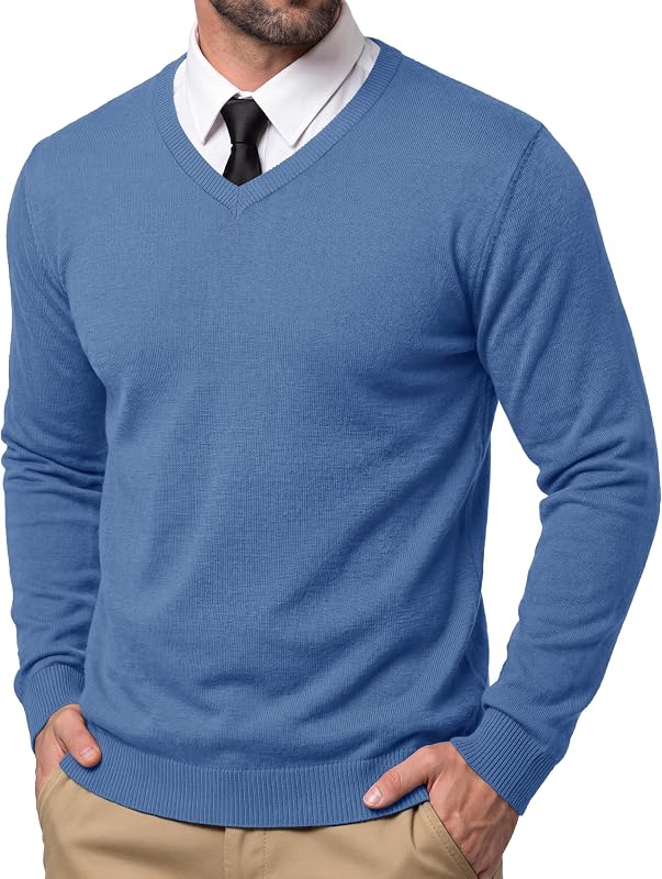 CRYSULLY Men's V Neck Sweaters Knitted Long Sleeve Pullover Dress Sweater | Soft, Breathable, Lightweight, Warm Fall Winter Tops, Slim Fit, Casual Business, Classic and Vintage, Ribbed Hem and Cuff