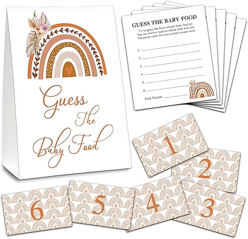 Guess the Baby Food Party Games, juego bohemio de baby shower con arco iris (1 letrero de pie + 20 tarjetas de respuesta + 6 tarjetas de números),