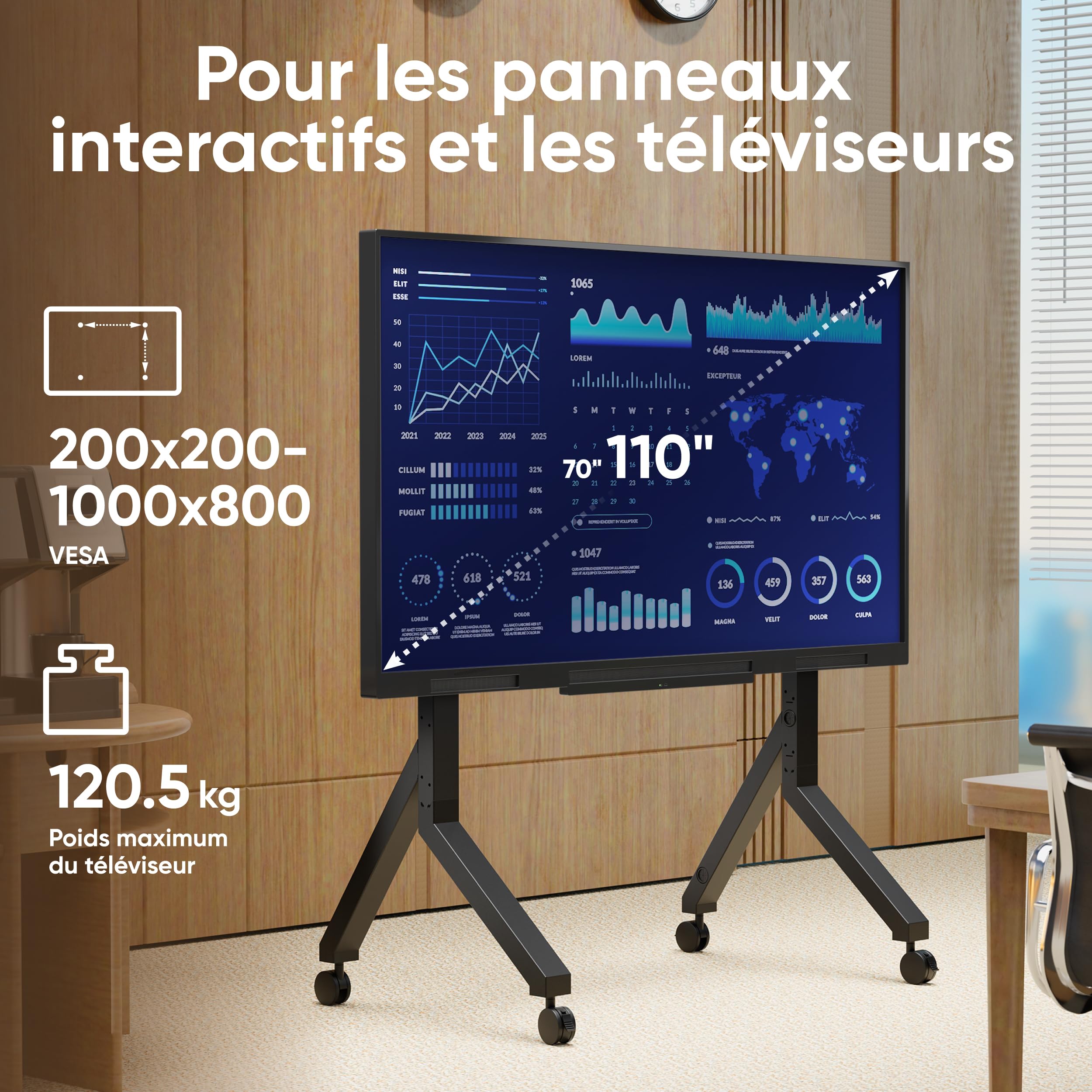 ONKRON Support TV roulettes pour 70-110 Pouces Écrans Interactifs & TVs, Pied Television Mobile Charge Max 125 kg, Support TV sur Pied Max VESA 1000x800, Chariot Tele roulettes Noir TS2081-B