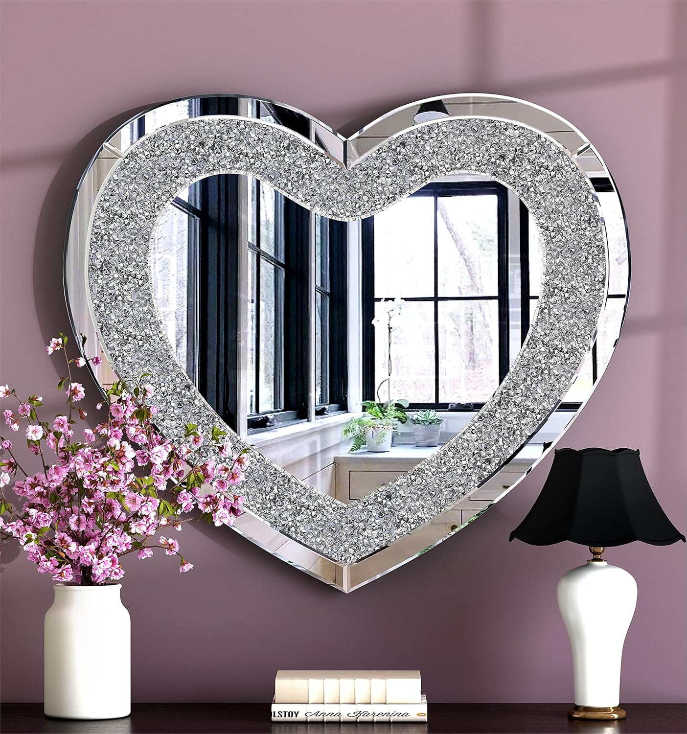 SHYFOY 32" Round Large Wall Mirror for Living Room Wall Decor- Diamond Decorative Mirrors Crystal Silver Wall Decor, Modern Home Decor