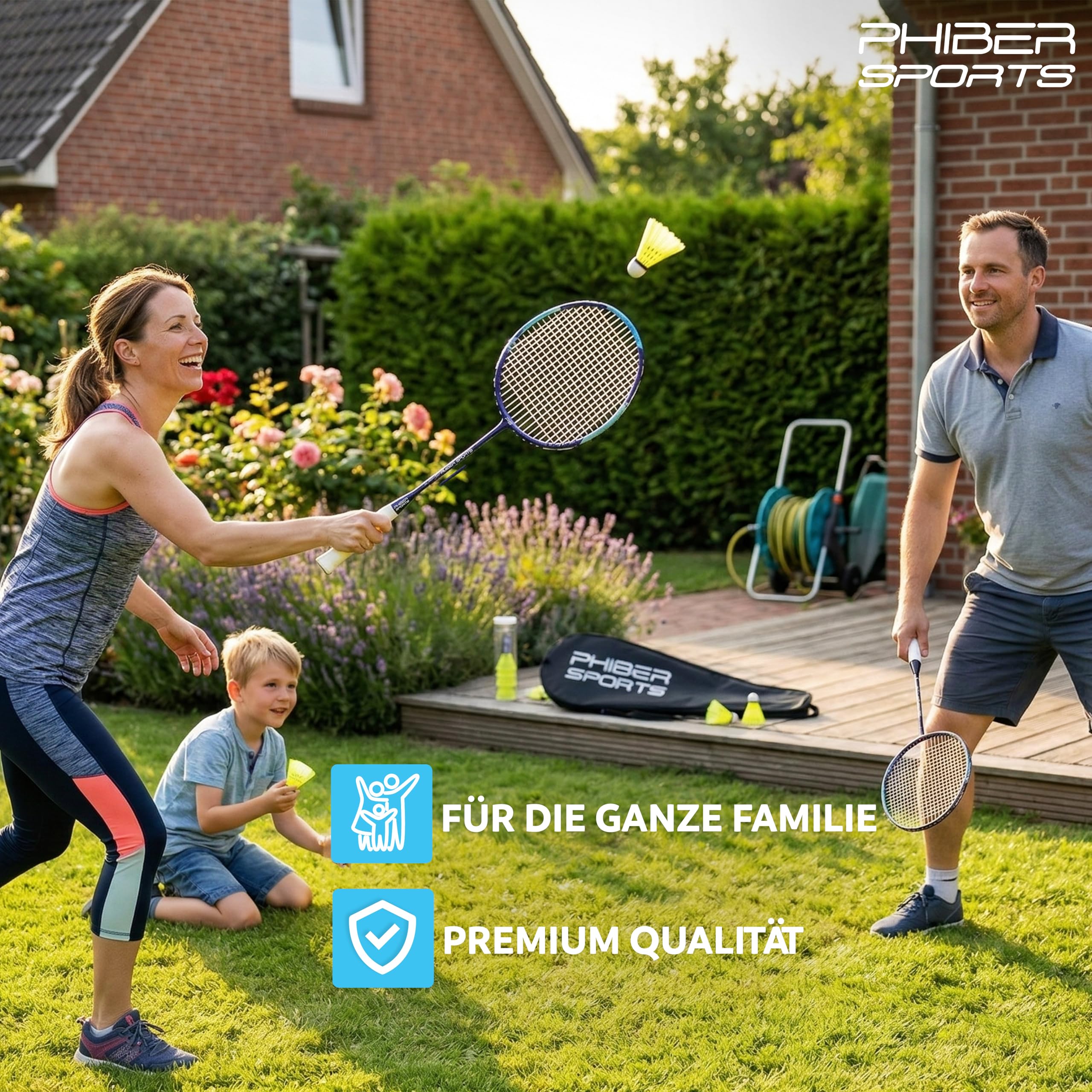 PHIBER-SPORTS Badminton Schläger Set - 2X Badmintonschläger + 3X Federbälle + Tasche - Robustes Federball Set für Garten & Park - Ideal für Anfänger & Profis (Badminton Schläger Set)