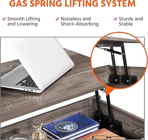 Miniatura 5 de Yaheetech Mesa de centro elevable de 41 pulgadas con compartimento de almacenamiento y 2 cestas de tela, mesa auxiliar de madera para sala de