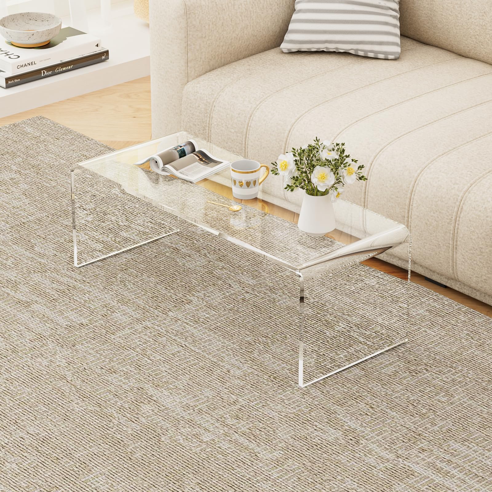 TPZLRN Acrylic Coffee Table, 44" L x 16" W x 16" H, 0.8" Thick Rectangle Clear Coffee Table, Modern Waterfall Acrylic End Table Furniture for Living